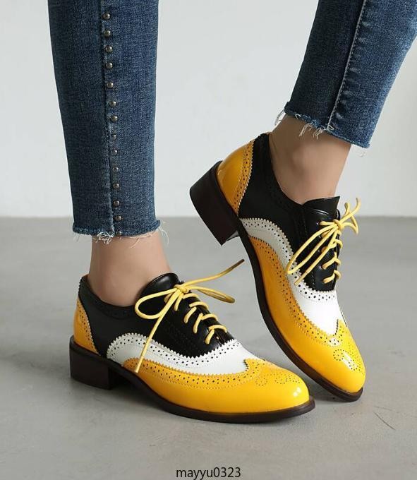 Retro Womens Brogue Pumps Shoes Lace Up Wing Tip Casual Fashion Flat Oversize