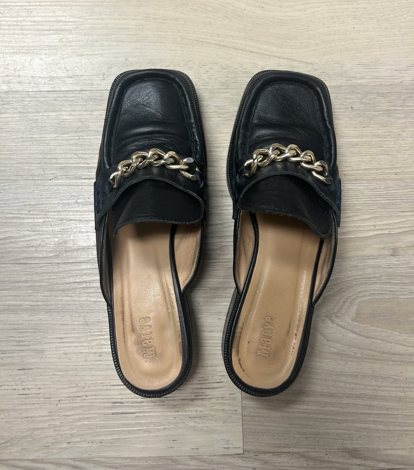 Anthropologie Maeve Shoes Loafers Black Leather Flats Gold Chain Women 37 US 6.5