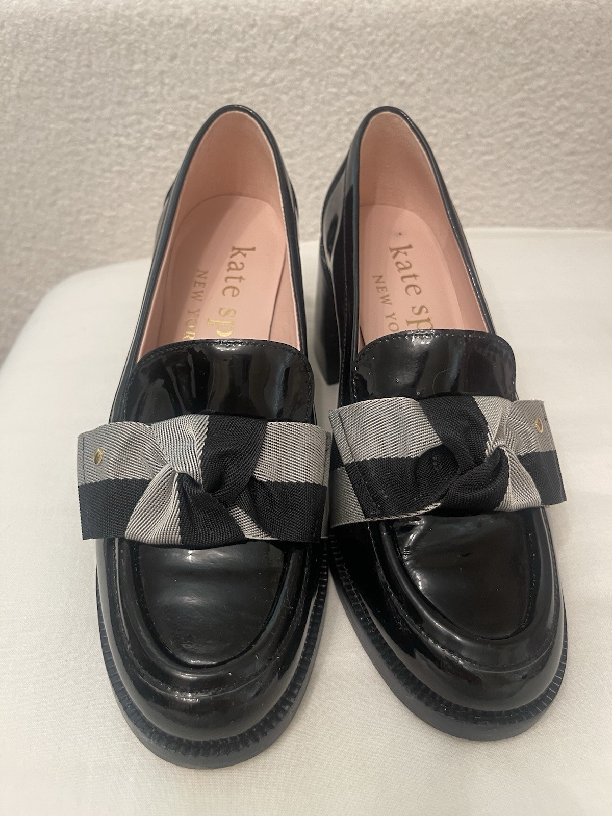 Kate Spade New York Black/Gray Patent Leather Plaid Bow Loafers Women’s 6.5 B