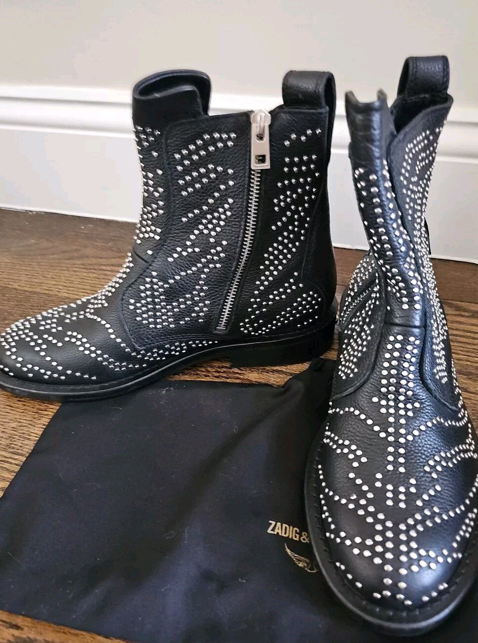 Zadig & Voltaire Laureen Pebbled Leather Studded Ankle Boots Black , Sz 39, NEW!