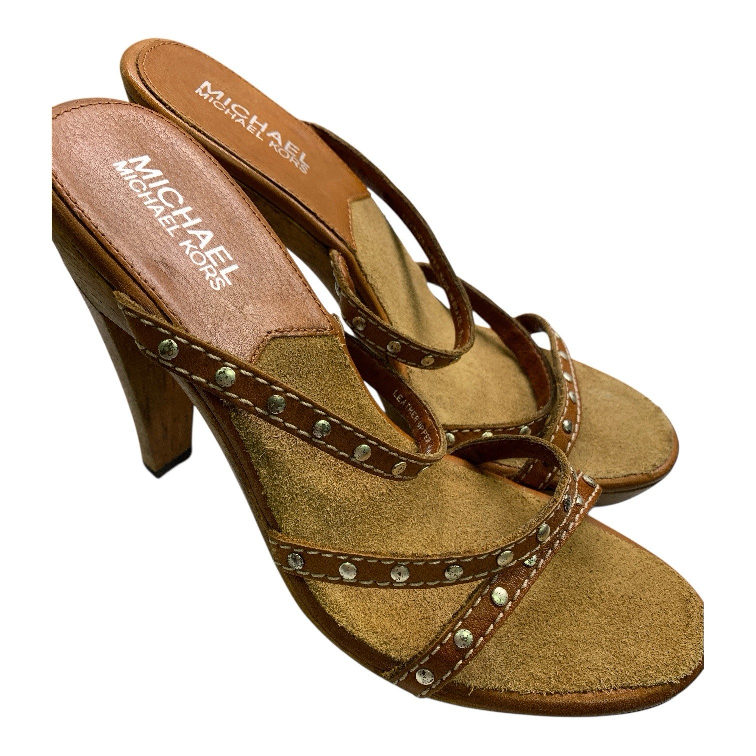 Michael Kors Brown Leather Stappy Sandals w/ Wood Heeled Platform Size 7- Used