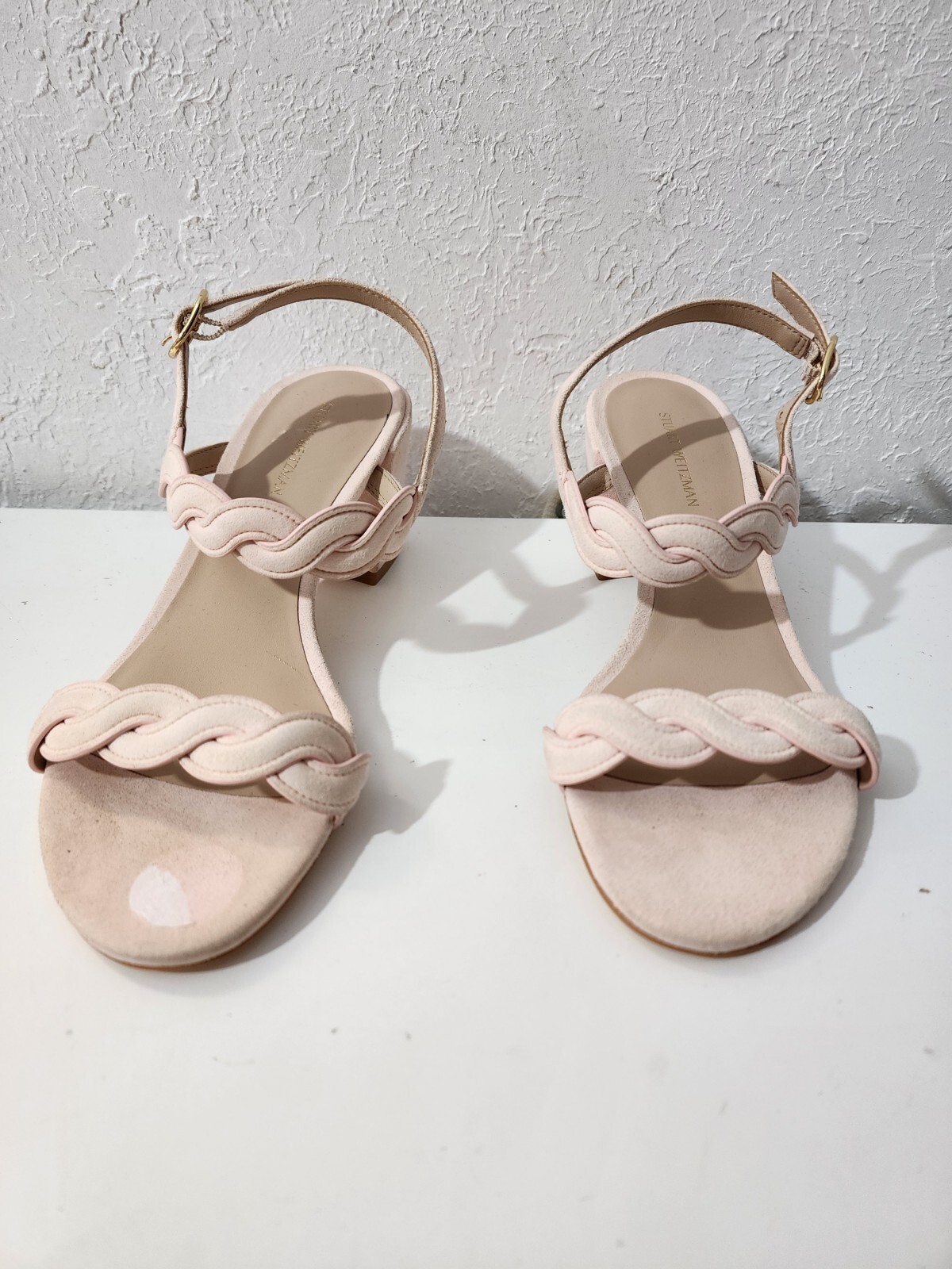 Stuart Weitzman Twistie Pink Suede Block Heels Ankle Strap Sandals Women’s Sz 7