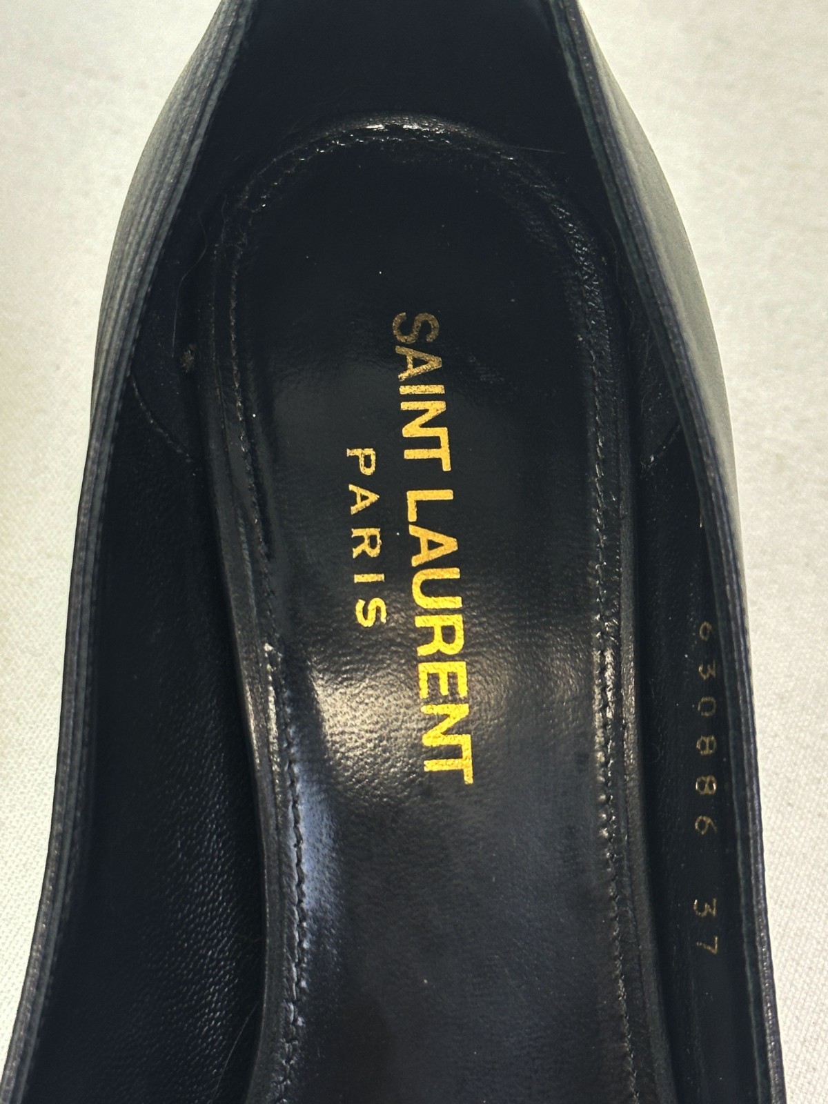YSL SAINT LAURENT Anais 55 Pumps 37 7 Black Navy Pointed Toe Bow Gold Logo Shoes