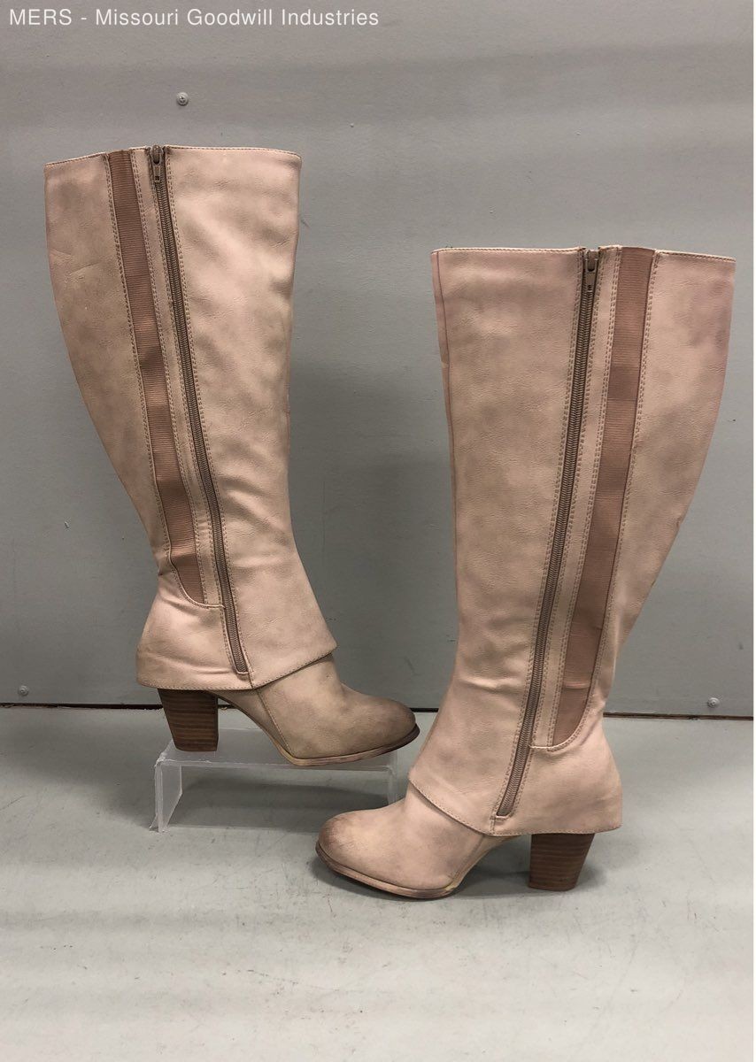 Women’s Tan Knee High Boots Lace Inset Zip Block Heel Vegan Leather Size 8W