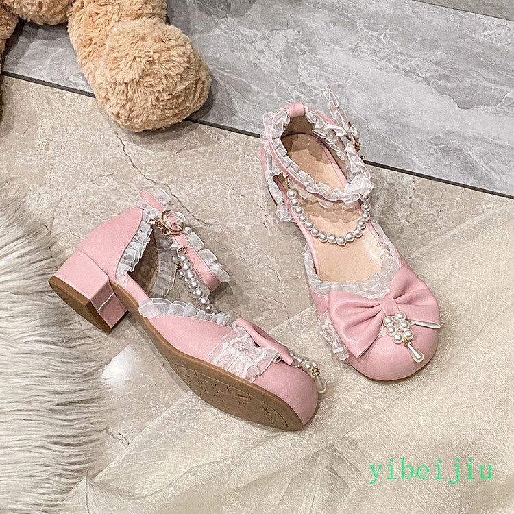 Women Girl Low Heel Lolita Mary Jane Wedding Party Beads Bowknot Party Shoes New