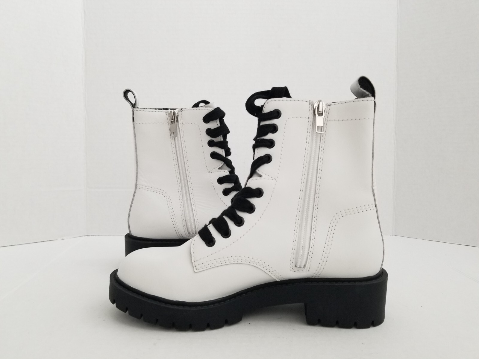 STEVE MADDEN White Leather Checker Combat Boots Black Lace-Up Zip Lug Sole 5 M