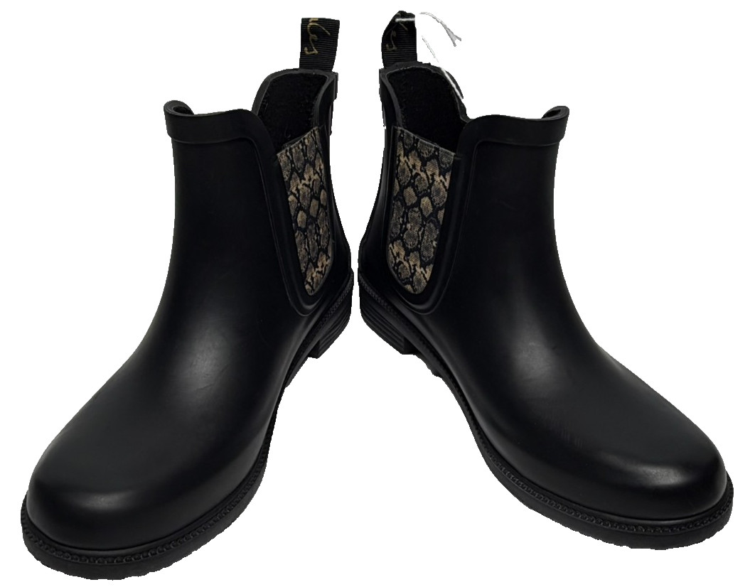Joules Rutland rubber ankle rain Boots in black with a snakeskin pattern size 6