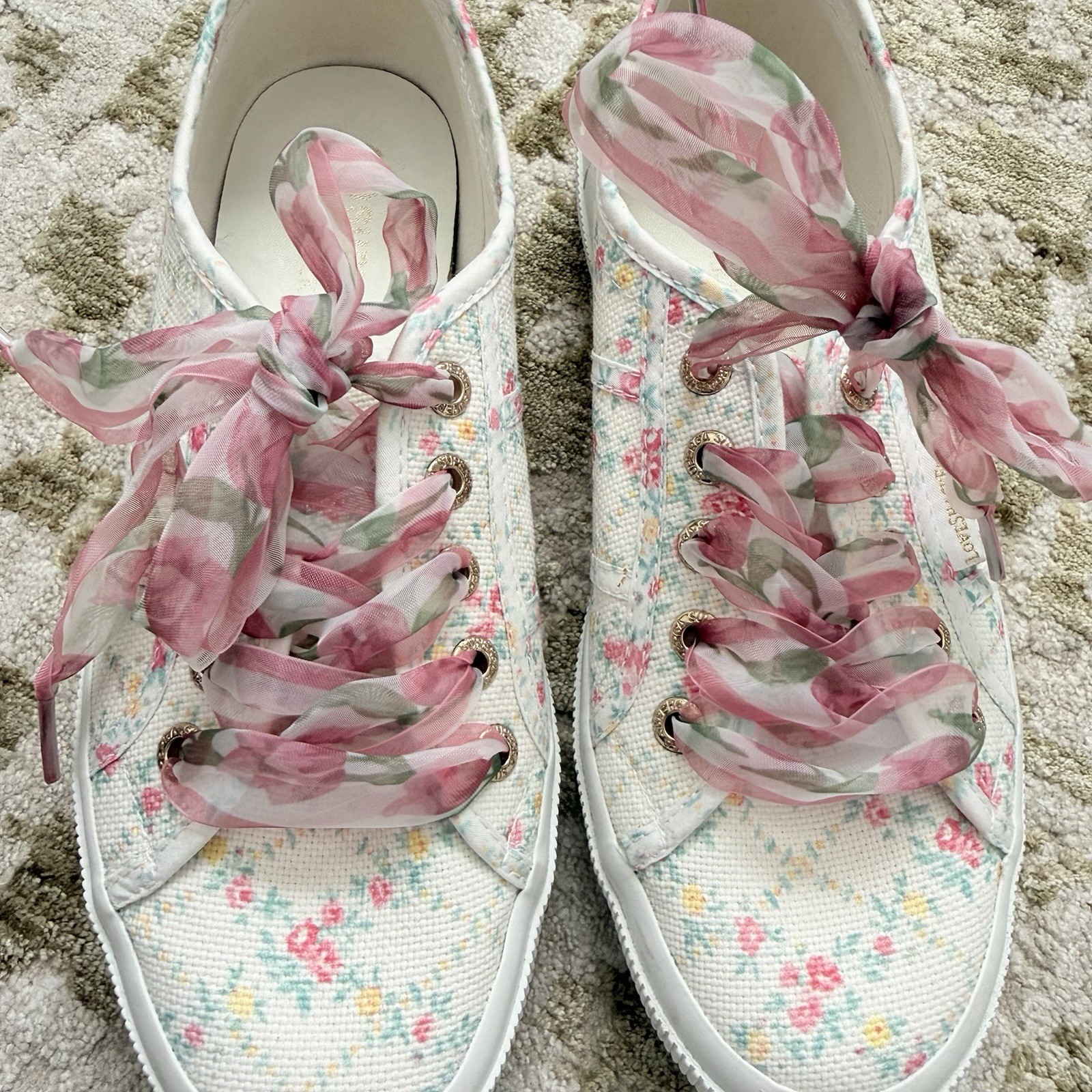Superga x LoveShackFancy Floral Ribbon Sneakers Size 37 White Pink