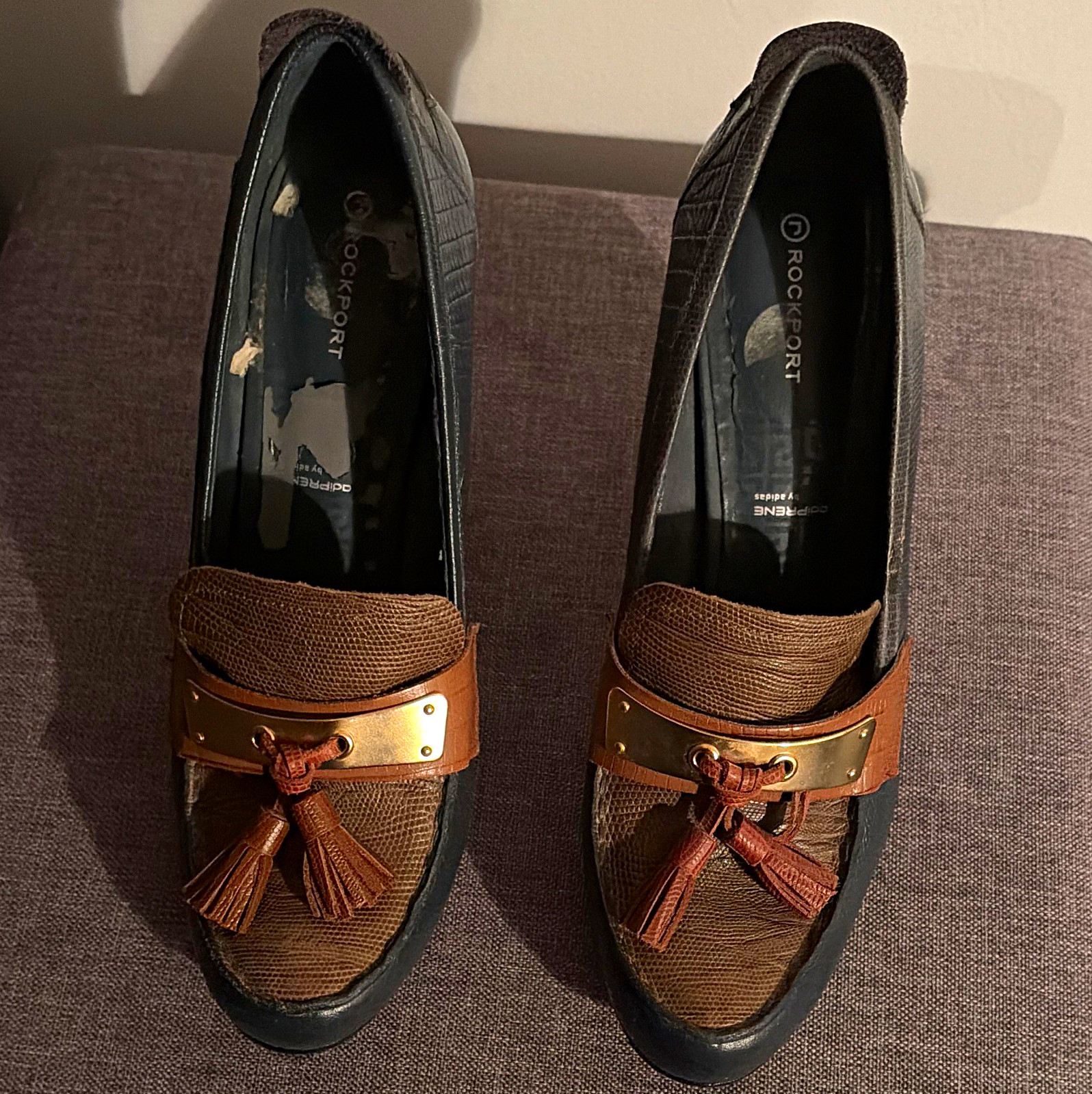 Rockport Women’s Black/Brown Leather Tassel Pump Heels Round Toe Slip On US 9.5