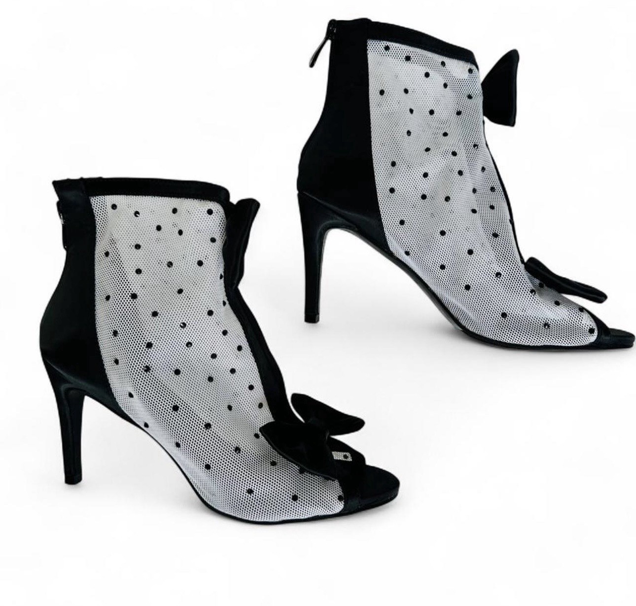 Modern Pinup Mesh Polka Dot Bow-Peep Toe Stiletto Ankle Booties-Rockabilly 50’s
