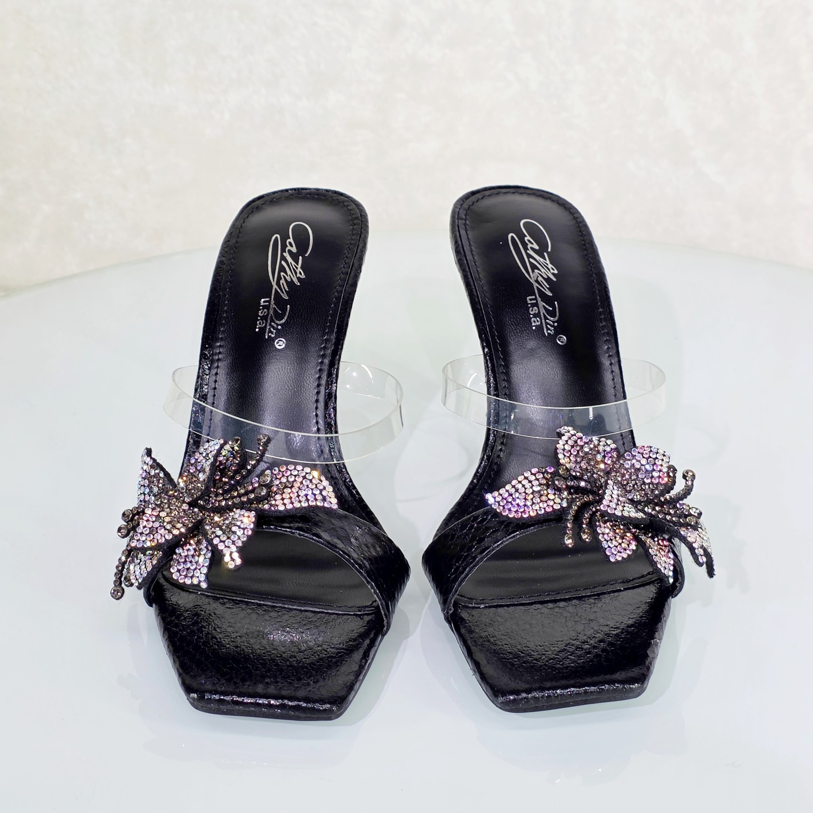 Lily Rhinestone Flower Black Slip On 3.25″ Heel Casual Evening Party Shoes