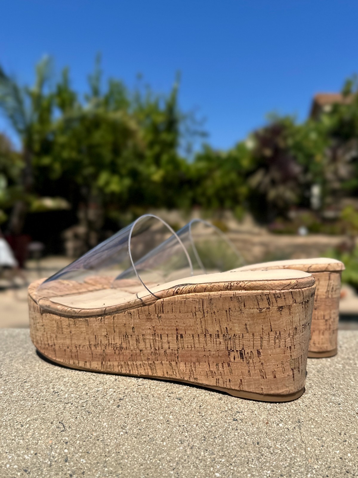 NEW Transparent Clear Open Toe Cork Platform Med Wedge Heel Slide Sandals Mules