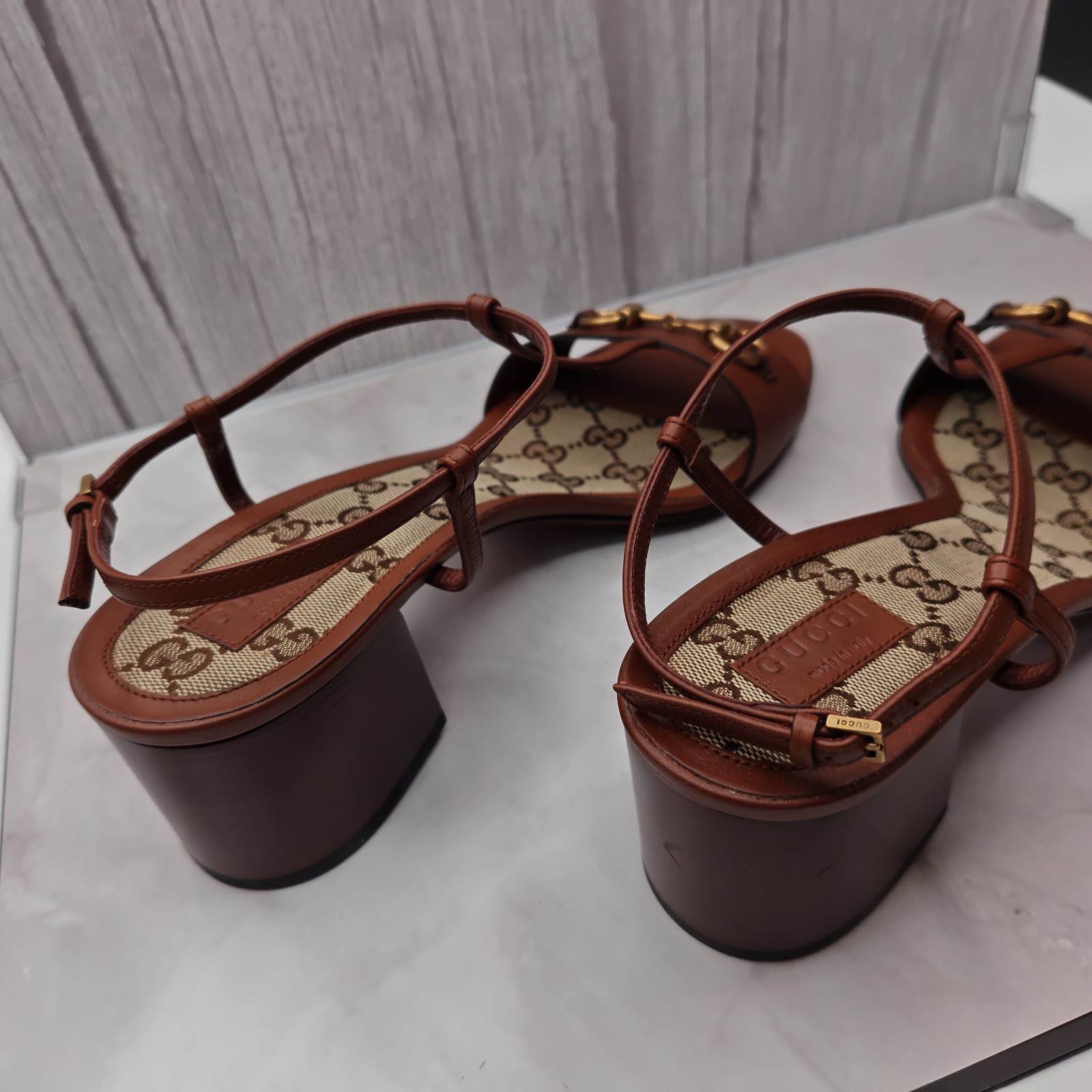GUCCI Lady Horsebit Leather Block Heel Sandals Brown GG Canvas Ankle Strap…