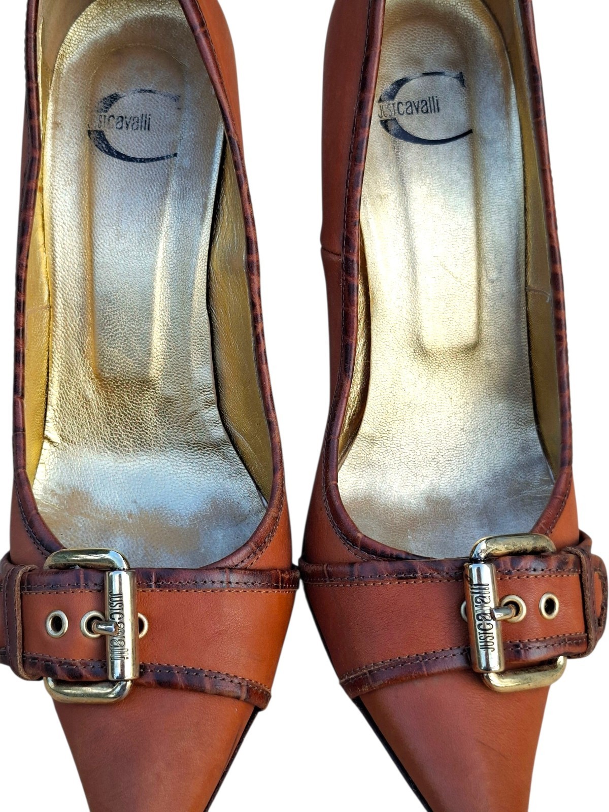 Vintage Just Cavalli Brown Leather Pointy Pumps Gold Buckle Heels Y2K Sz 39