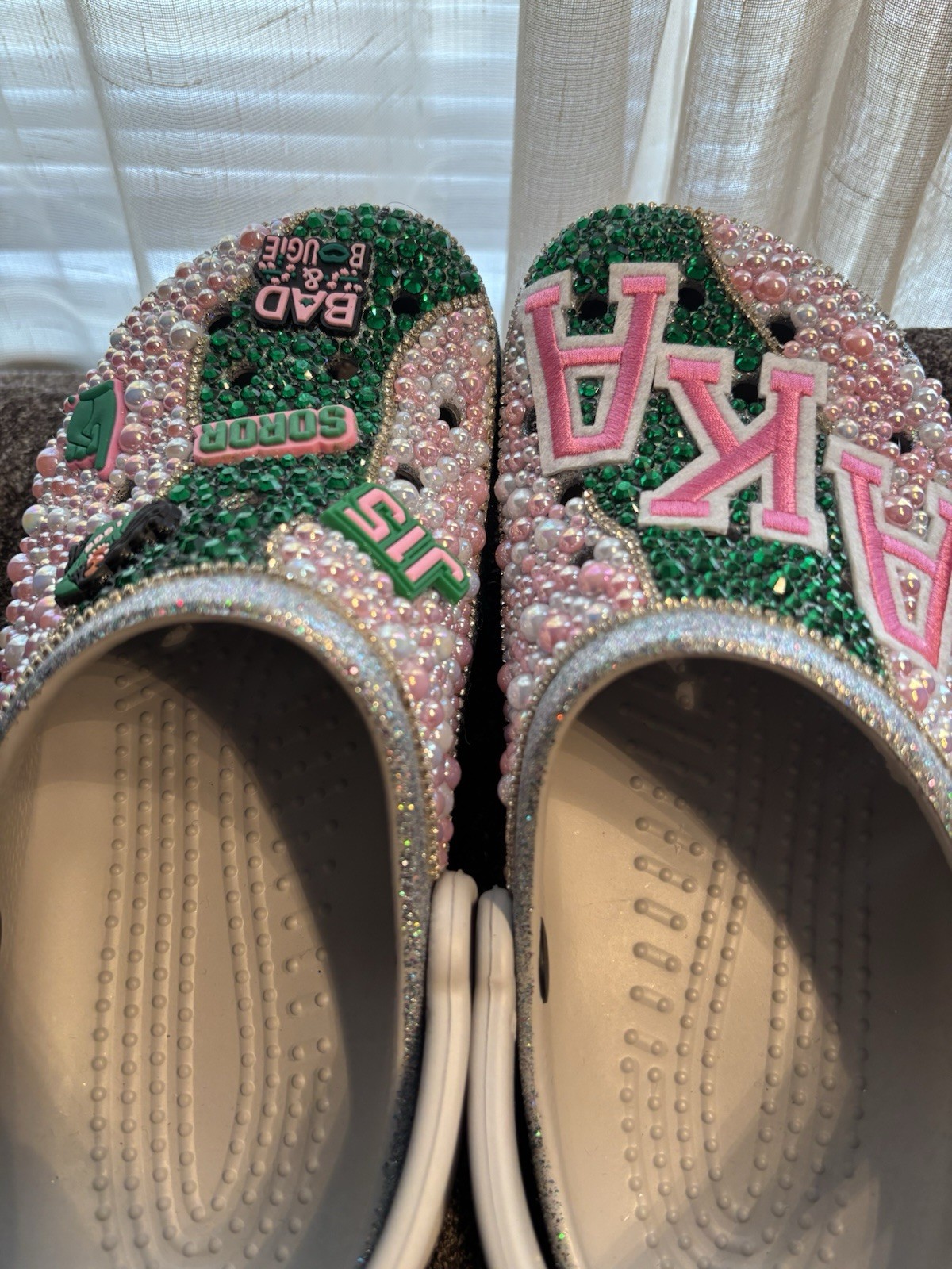Custom bedazzled ‘AKA’ Silver Glitter Crocs (Pink N Green)