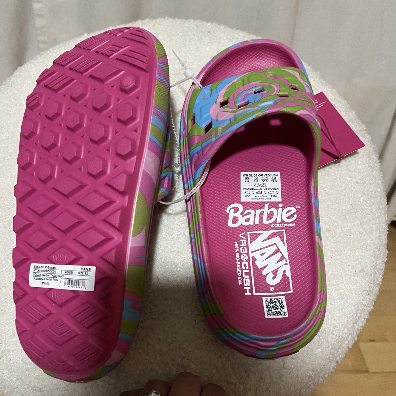 Barbie x Vans Vr3 Cush Slides Sz 6 Sandals Slip-on Flats Pink Wavy NWT No Box