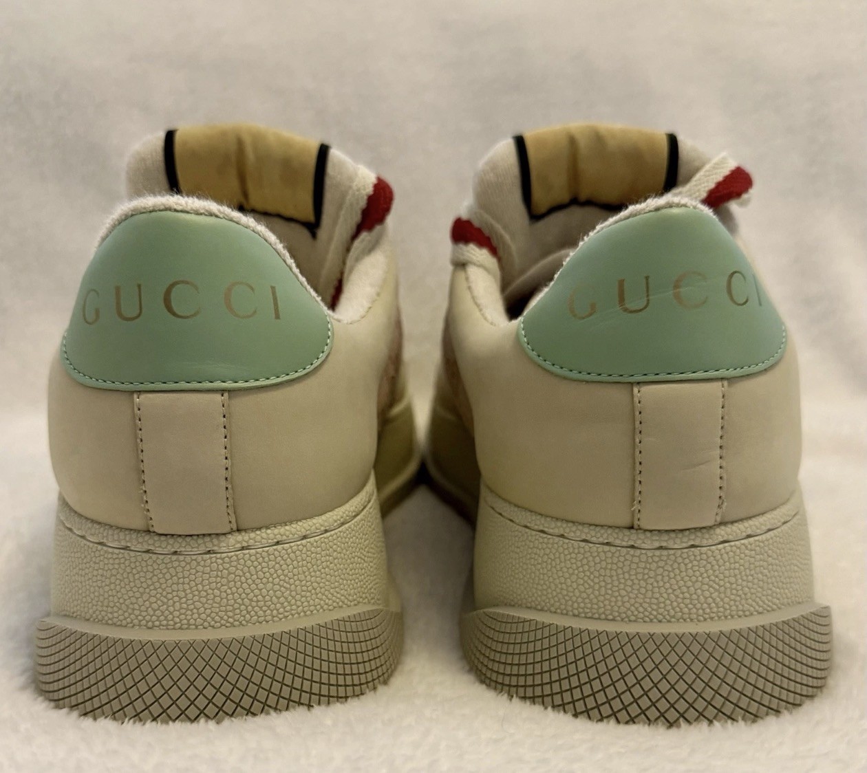 Gucci Screener GG Monogram Canvas Leather Low Top Sneakers Beige Red Green 2023