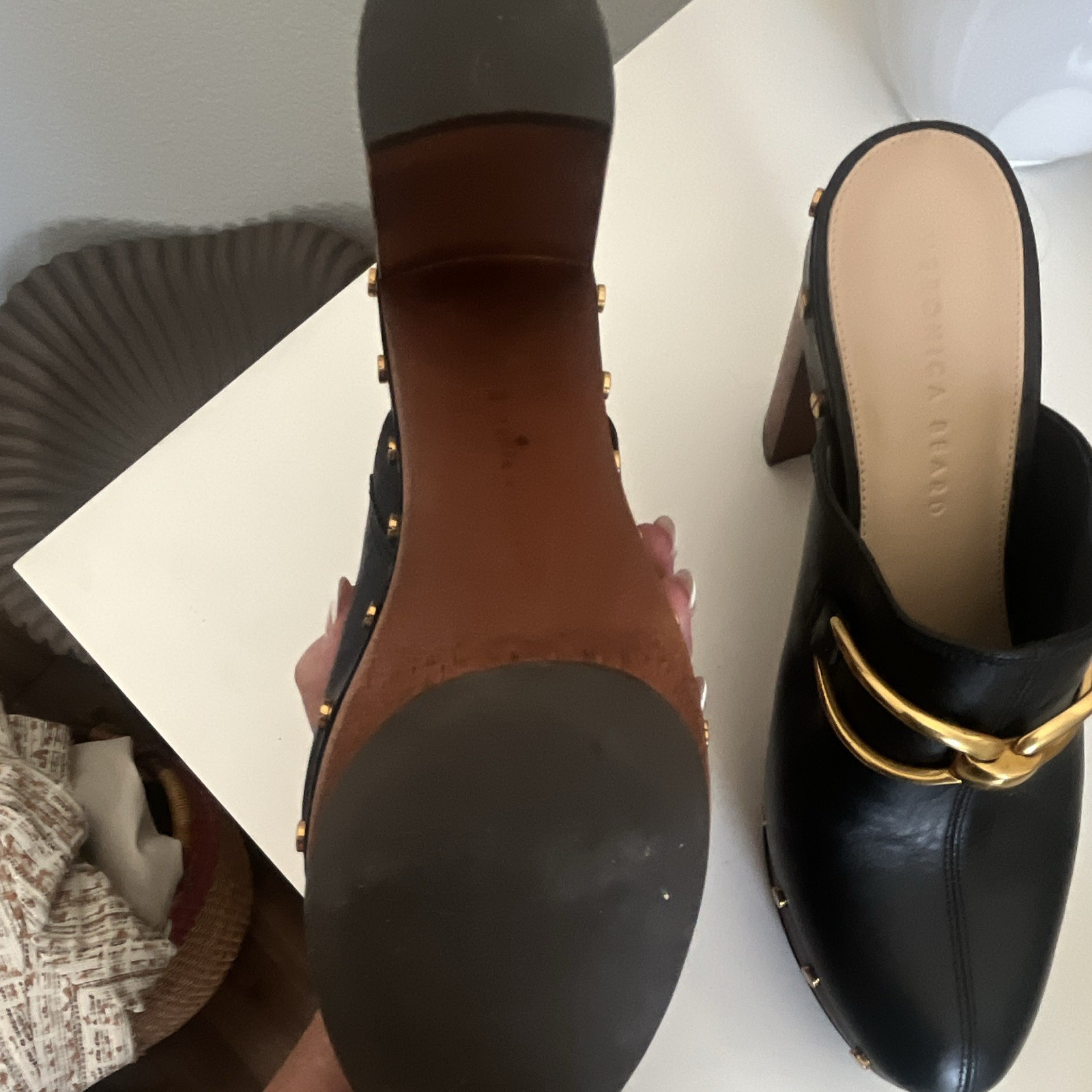 Veronica Beard Womens Black Leather Studded Mule Heels Gold Hardware Size 9
