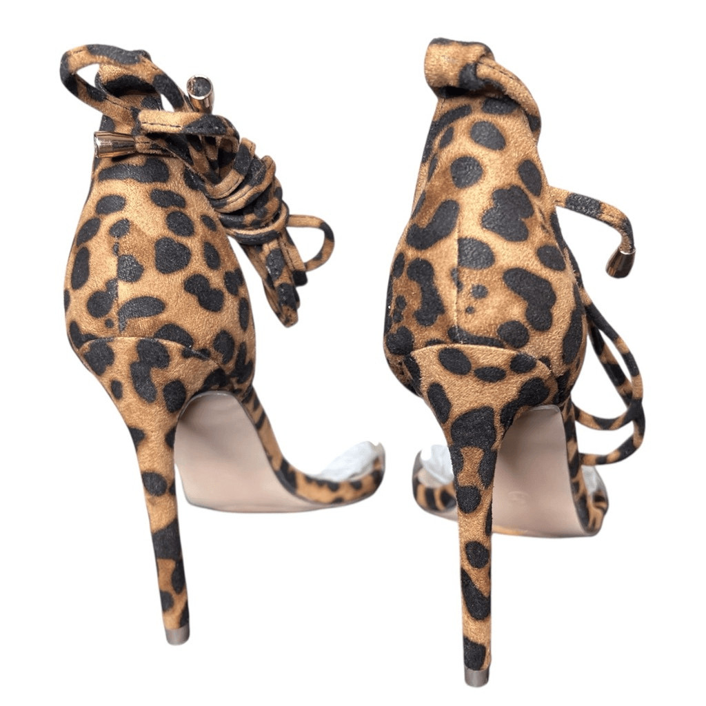 NEW Lulus Ledah Leopard Suede Lace-Up Heels Size 6.5 Clear Strap Stiletto 4.25”