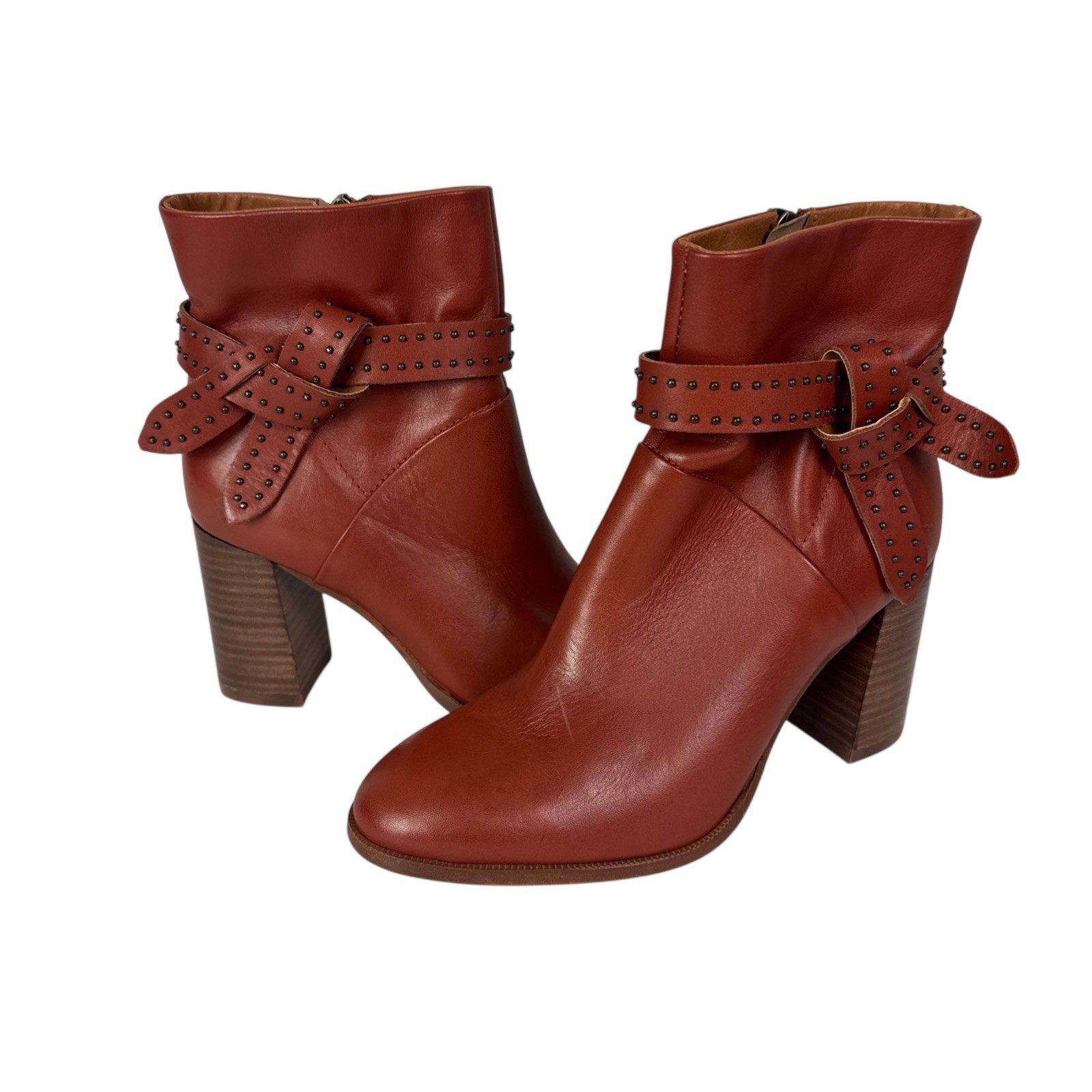 Lucky Brand Women’s 6 Studded Tie Strap Leather Bootie Bootie Orange Brown Sampl