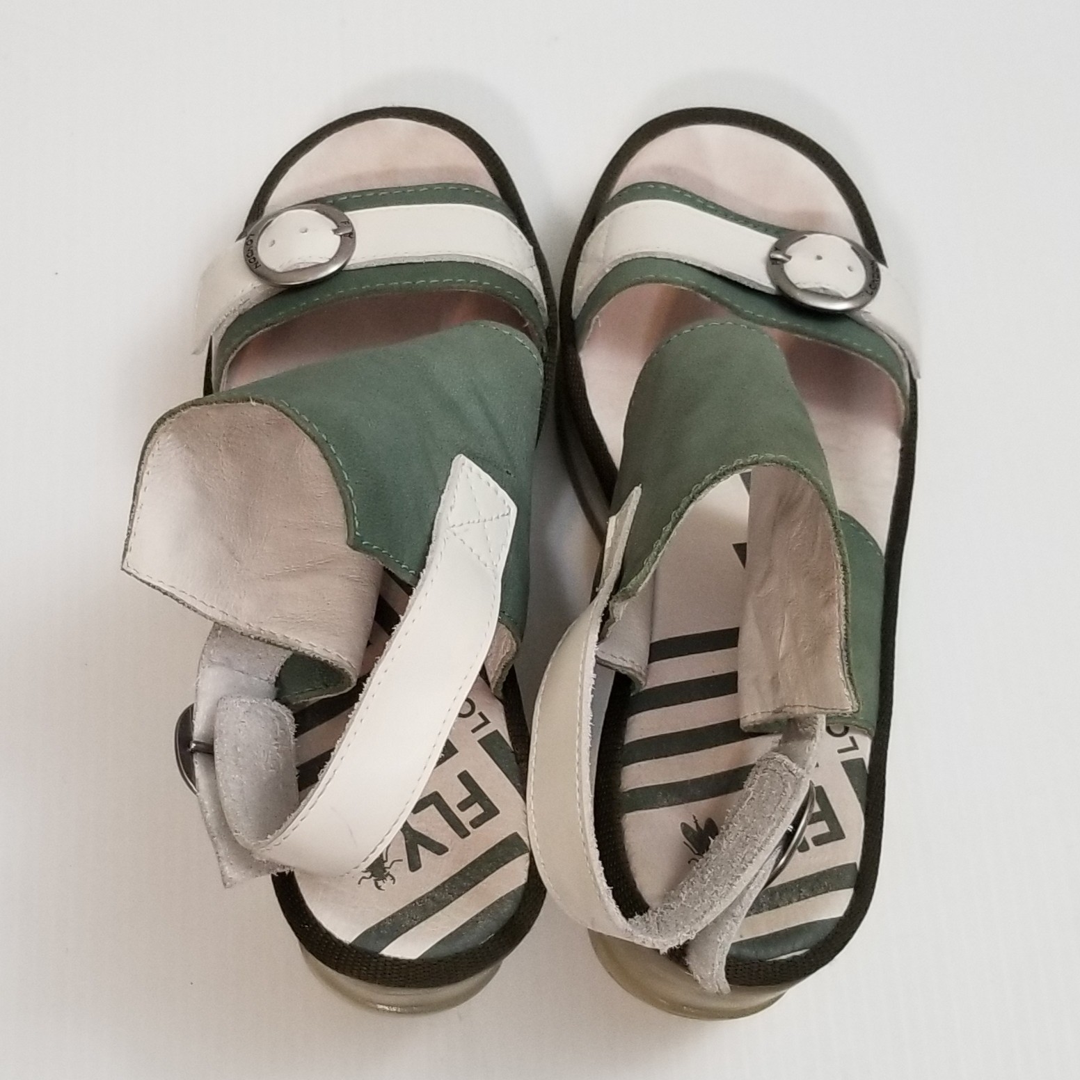 FLY London Leather Ankle Strap Transparent Wedges – Jeno – Green – EU 39 – US 8