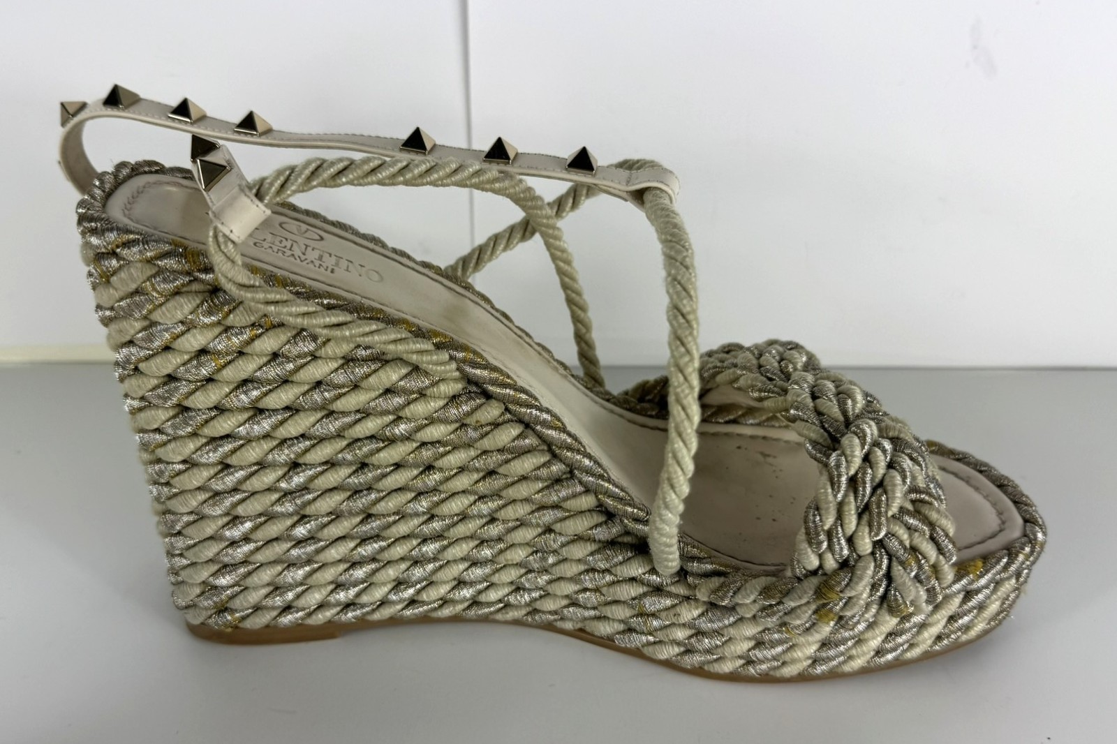 Valentino Rockstud Torchon Espadrille Rope Stripe Wedge Sandal EU 41 US 10/10.5