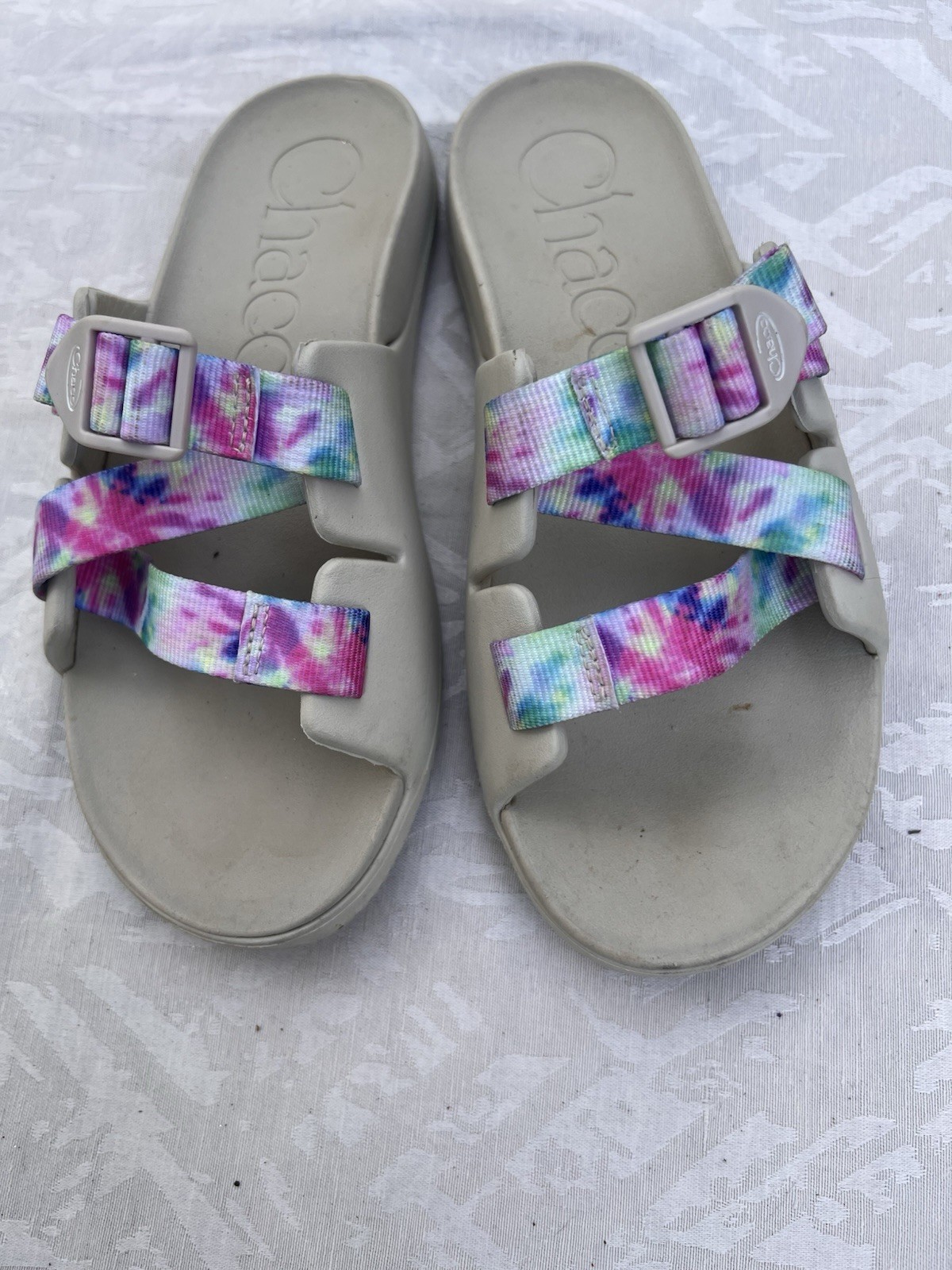 Chaco Women’s Gray/Multicolor Tie-Dye Slide Sandals Buckle Adjustable 6.5
