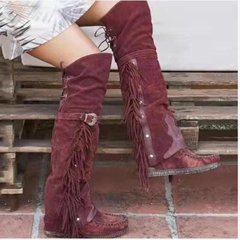 Fashion Bohemia Knee-length Women Boots Ethnic Personality High Boot Tassels Fau