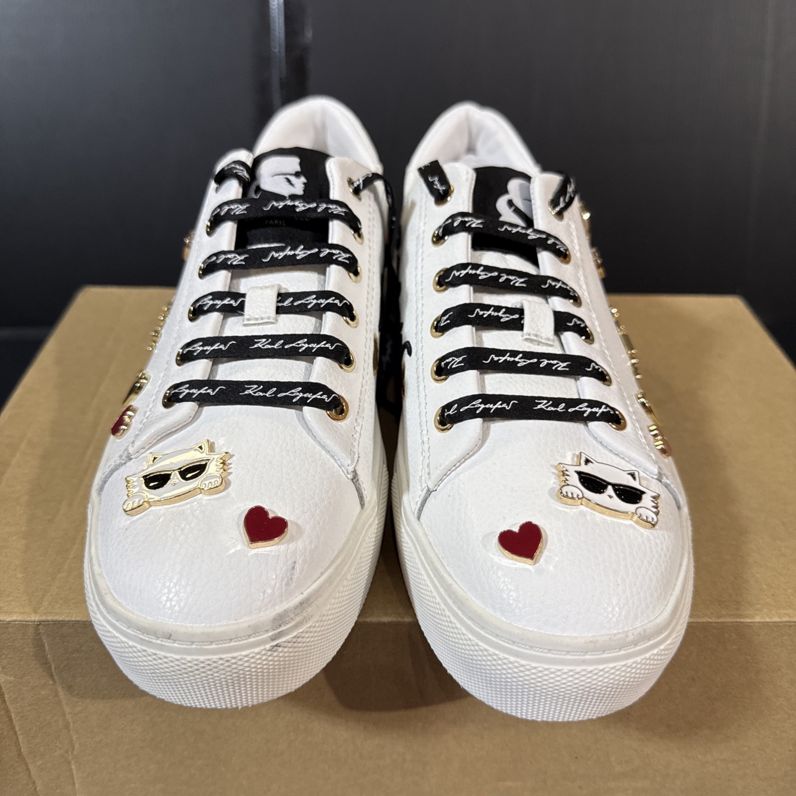 Karl Lagerfeld Paris Cate Pins Women’s 8M White Tumbled Leather Low Sneakers