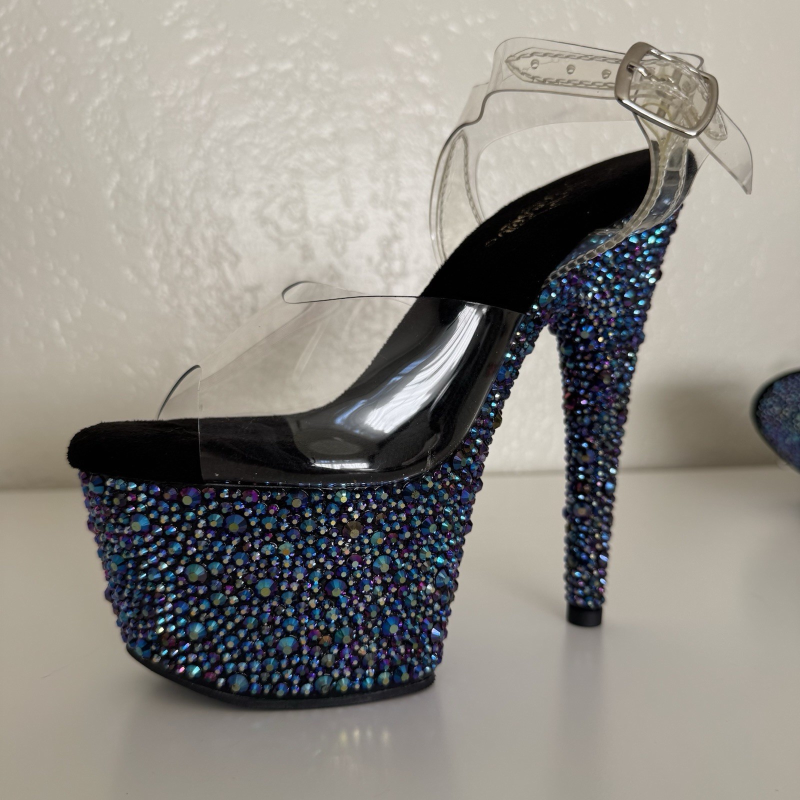 Pleaser Women’s Blue Rhinestone Platform Stiletto Heels Clear Strap 7.5