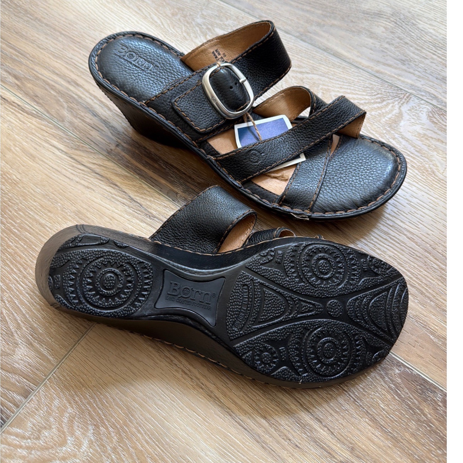 Børn Black Leather Crisscross Buckle Wedge Sandals Size 10 Slip On NWOB Shoes