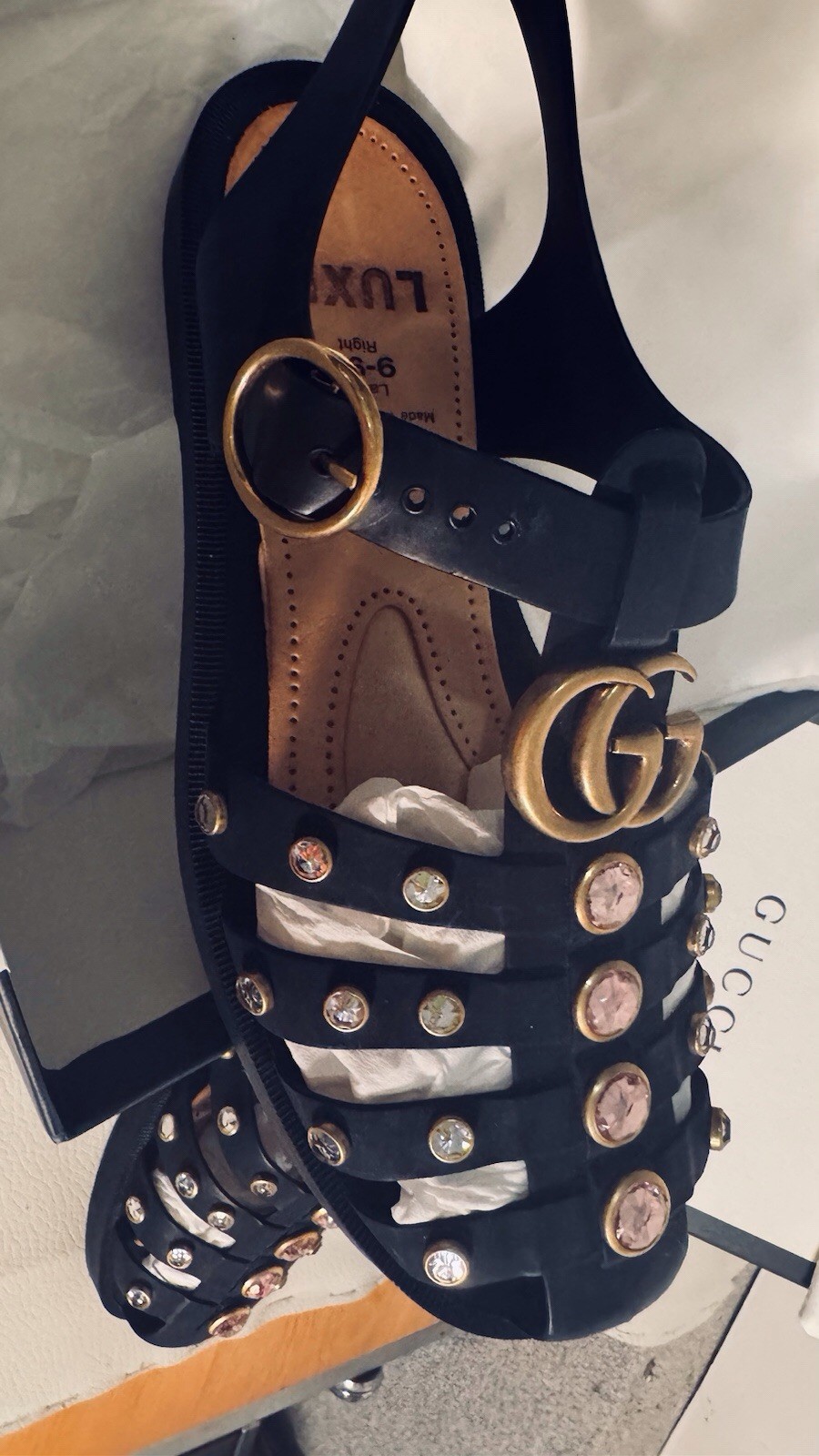 Gucci Marmont Crystals Bezel Cage Fisherman GG Feline Head Rubber Sandals 39 Bag