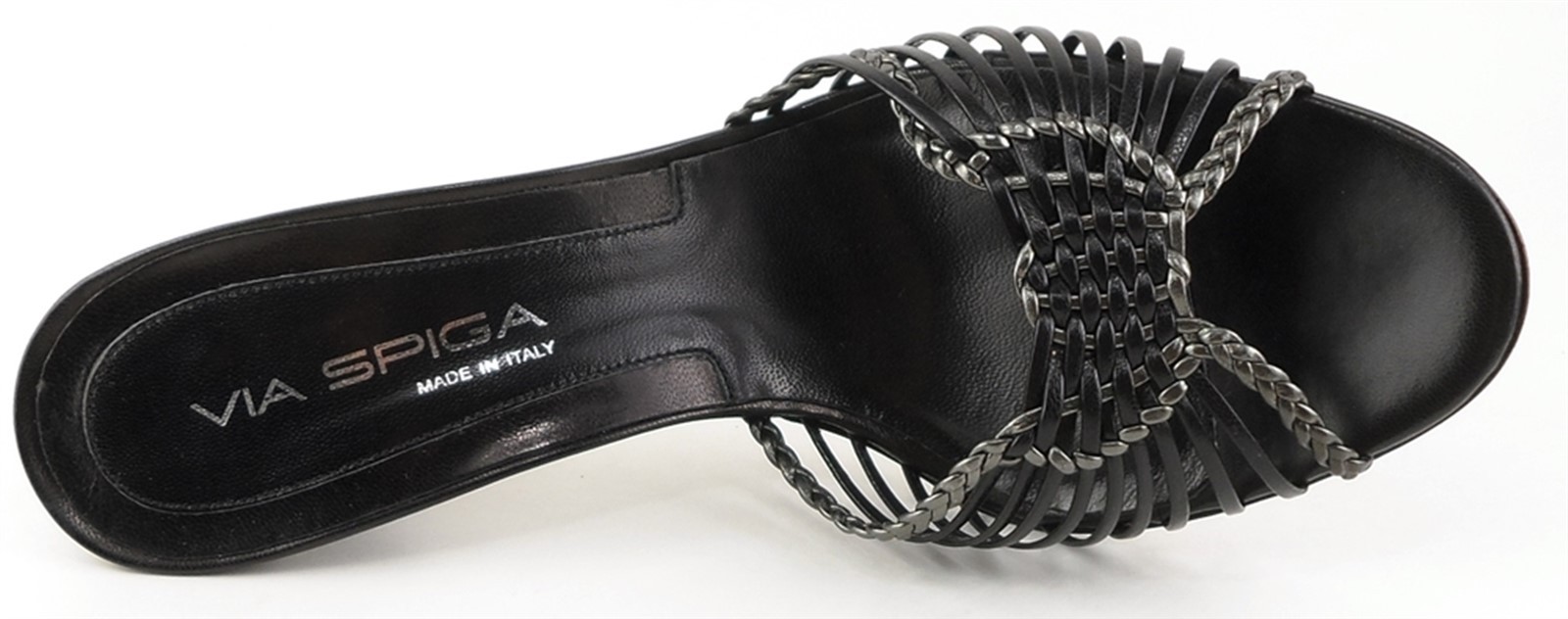 $179 VIA SPIGA STRIBE Black Pewter Leather Designer Slides ITALY Sandals 9.5