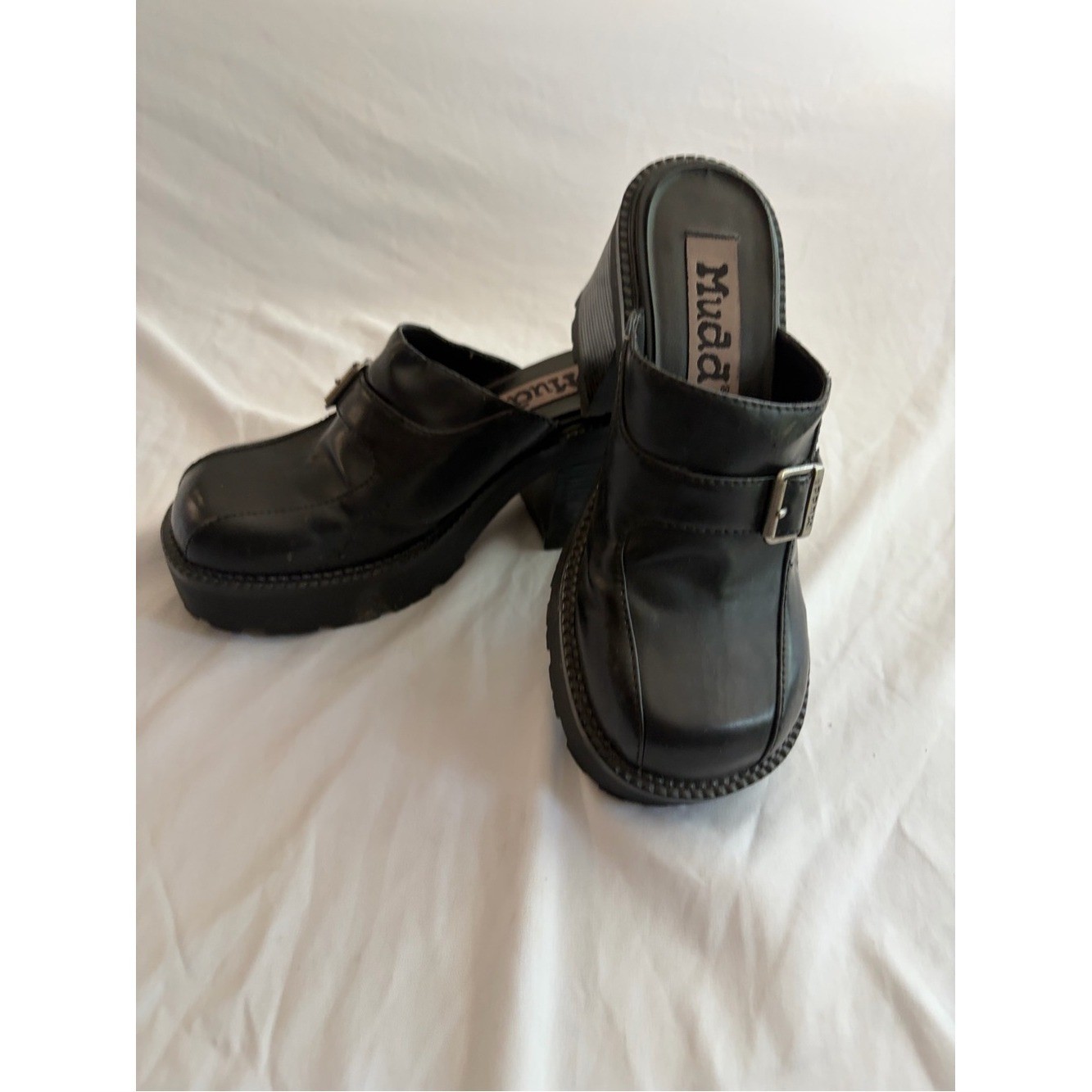 Mudd Black Chunky Platform Clogs Block Heel Silver Buckle Y2K Style Sizse 8.5