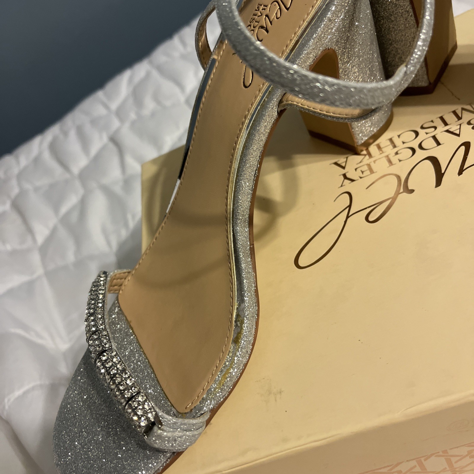 JEWEL BADGLEY MISCHKA Women’s Charlee Embellished Glitter Block Heel Sandals