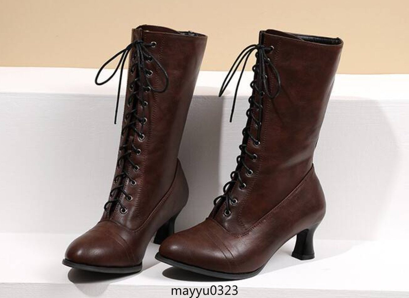Vintage Womens Mid Kitten Heel Lace Up Faux Leather Ankle Boots Shoes Biker Hot