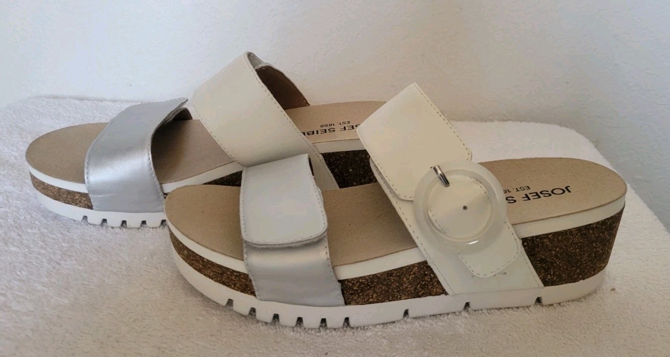 Josef Seibel Quinn 14 Sandals Women’s Silver Kombi Leather Slip-On 38/ 7-7 1/2