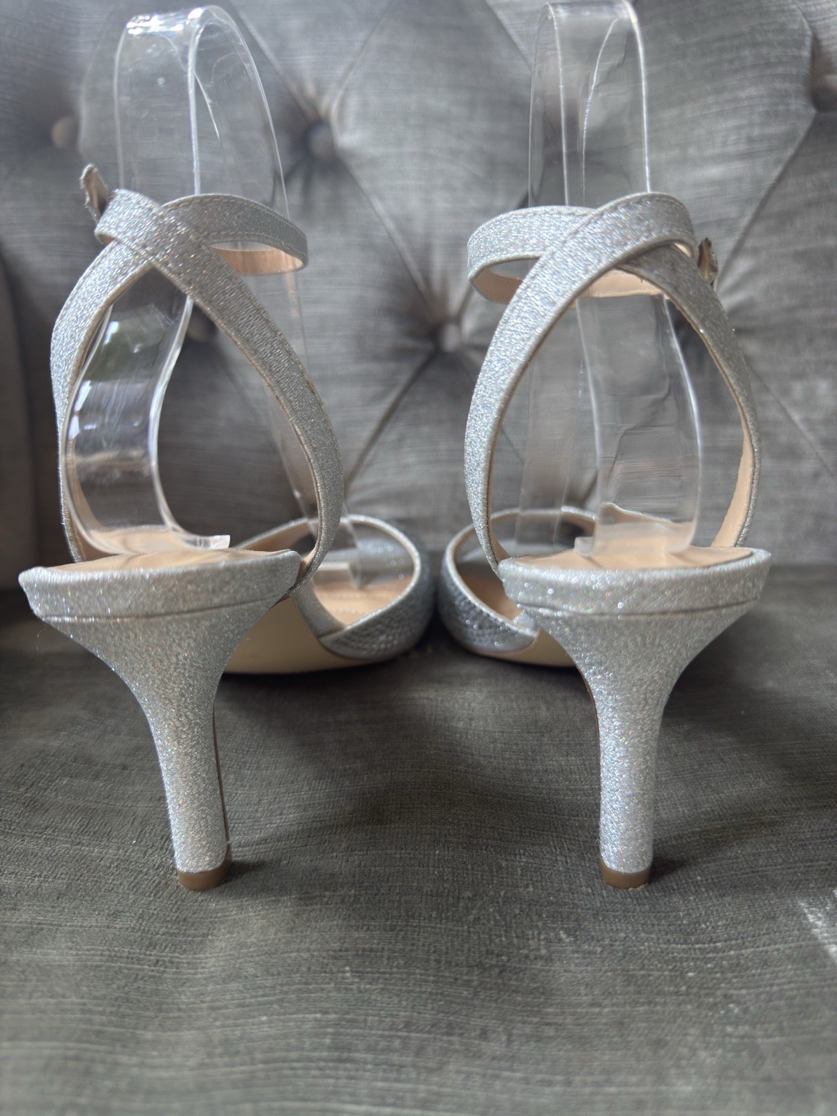 American Glamour Badgley Mischka Silver Rhinestone Evening Heels Size 6.5 Zoelle
