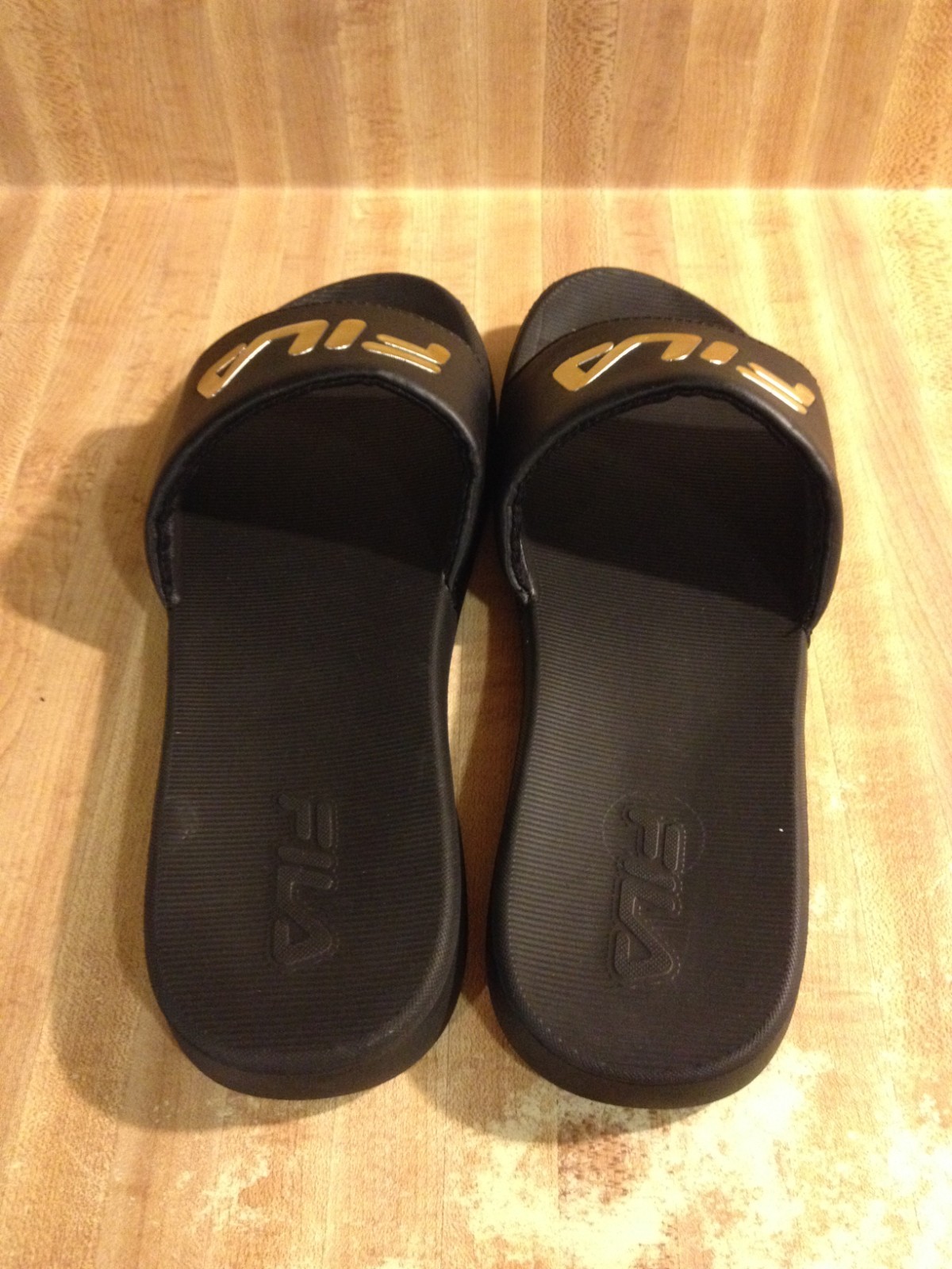 Fila Womens 10M Drifter Sleek ST Black Gold Slide Slip On Shower Sandals