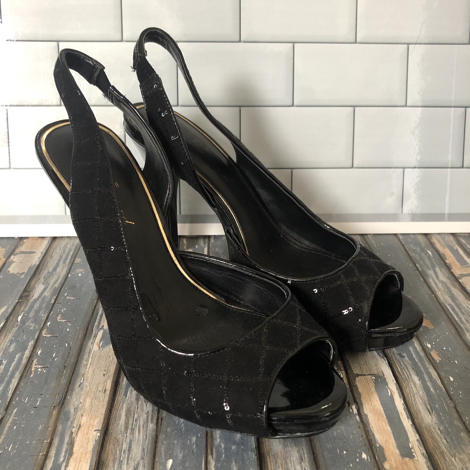 Lulu Townsend Women’s Nicola Black Sequin Slingback Heels – Size 8