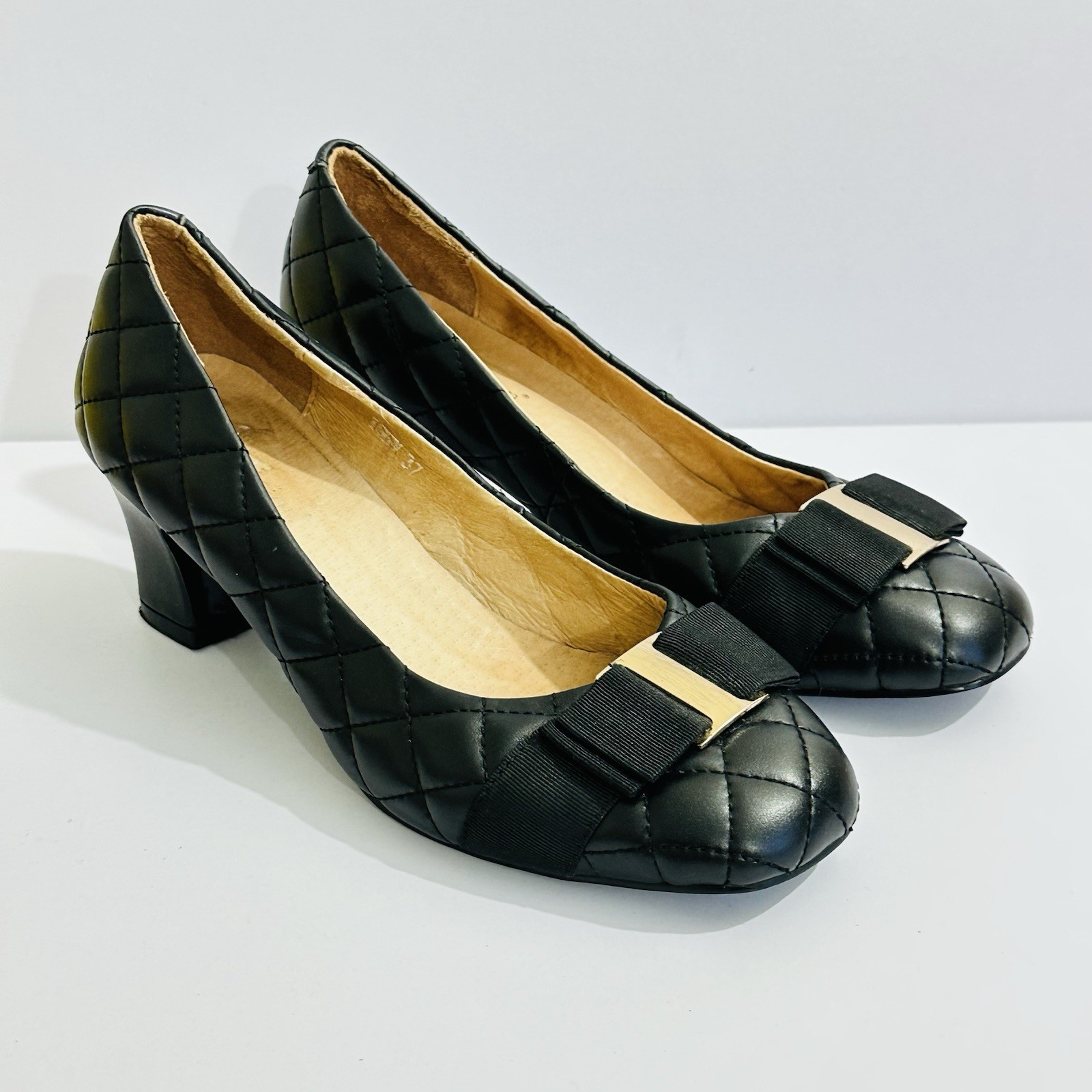 Blue Illusion Womens Black Quilted Leather Pumps Bow Detail EU37 AU6