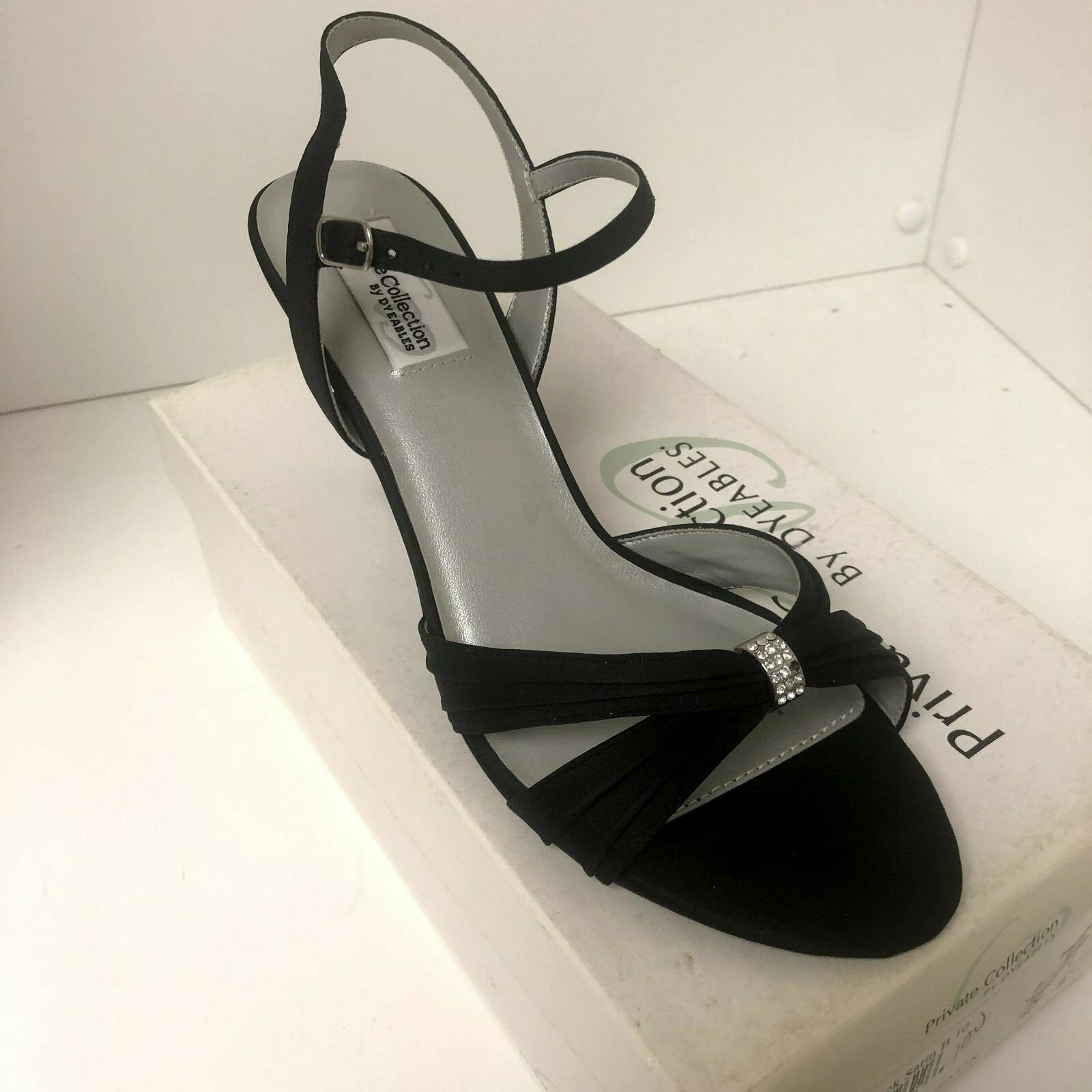 Dyeables Womens Natalie Sandal Heel Black Satin Private Collection