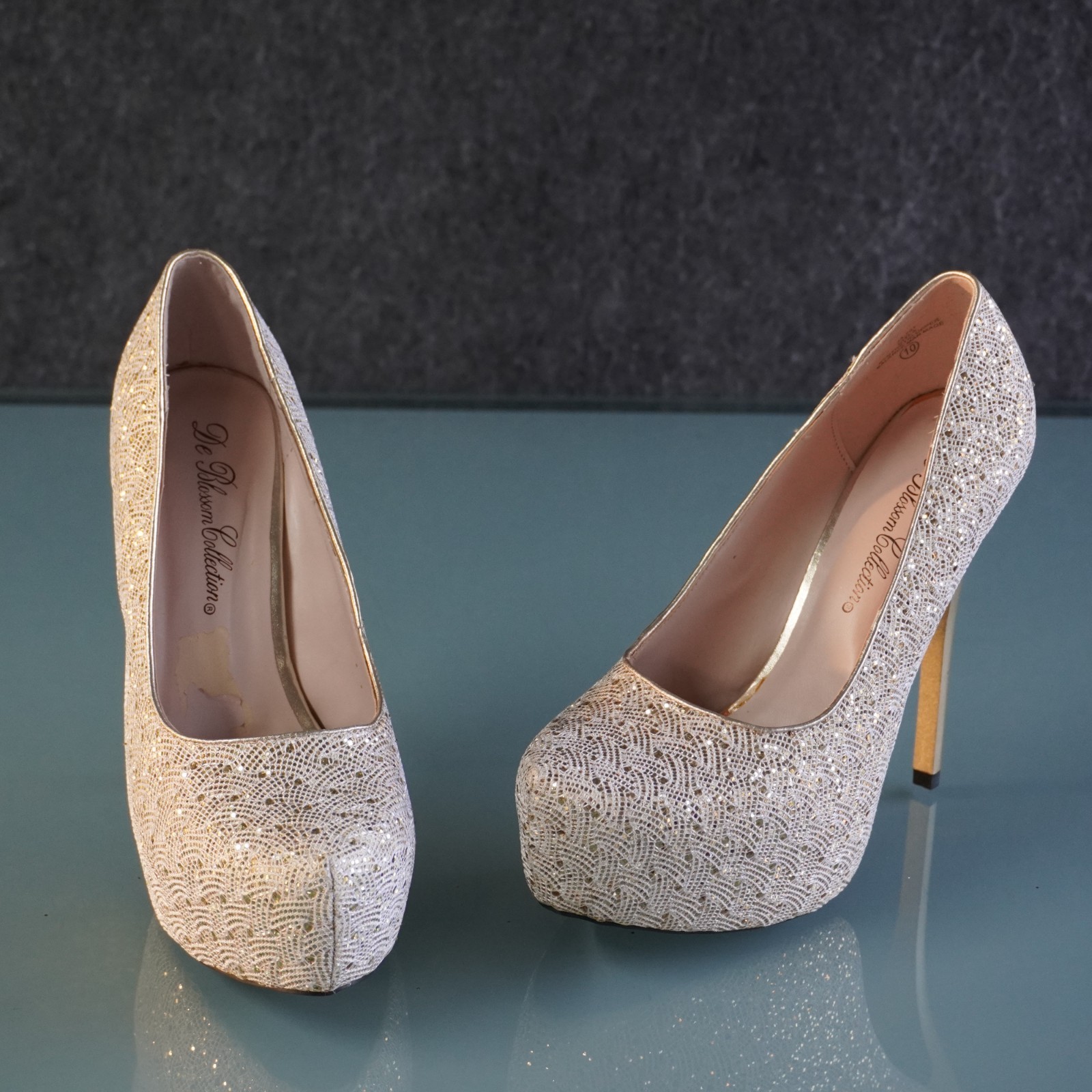 De Blossom Collection Gold Glitter Platform Pumps Heels Size 10 Wedding Prom