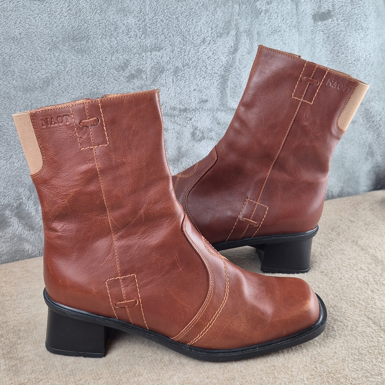 Naot Brown Booties Size US 9-9.5 EU 40 Retro Western Y2K Block Heel Square Toe