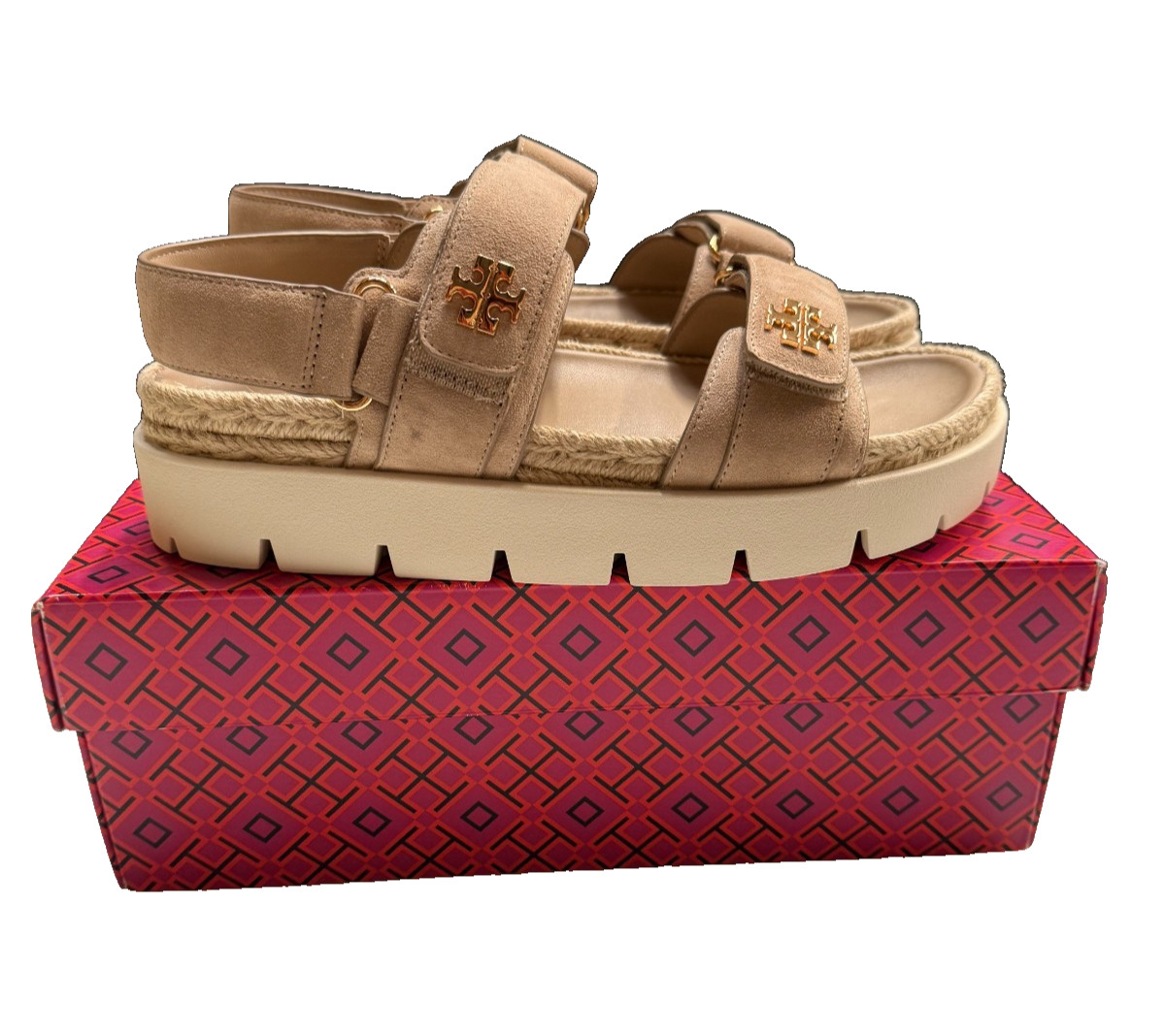 Tory Burch Women’s Kira Sandals, Brown with Gold Logo and White Sole, Sz 8