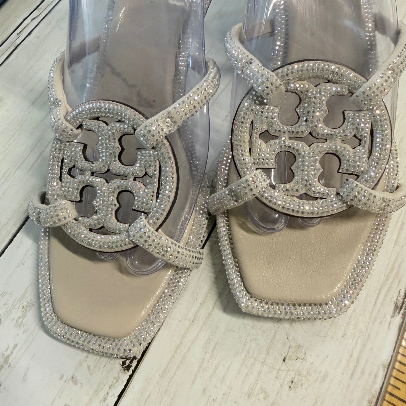 Tory Burch Miller Crystal Sandals Women 7M Kitten Heel Logo Guest Rhinestone