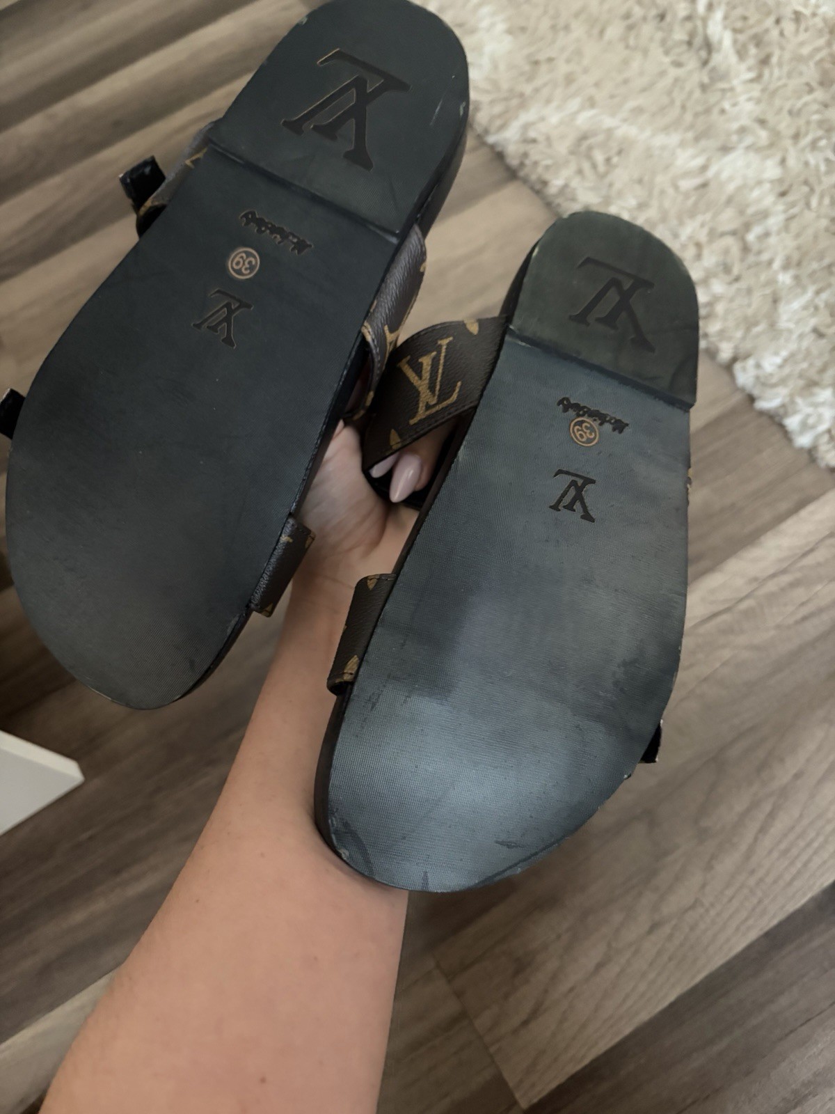 Monogram Buckle Adjustable Strap Leather Slide Sandals 39 US 8