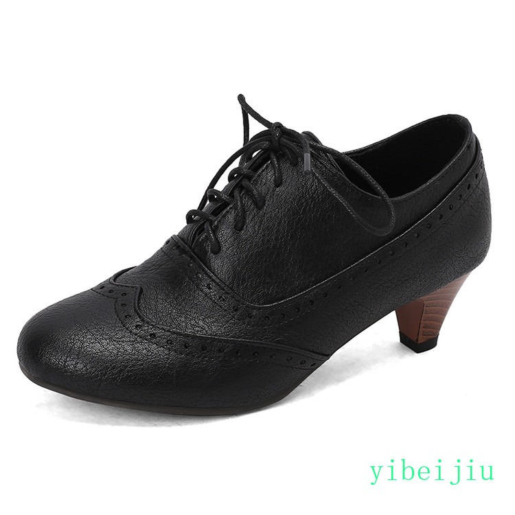 Spring Women’s Low Kitten Heel Wing Tip Lace Up Brogue Shoes Vintage Plus Size