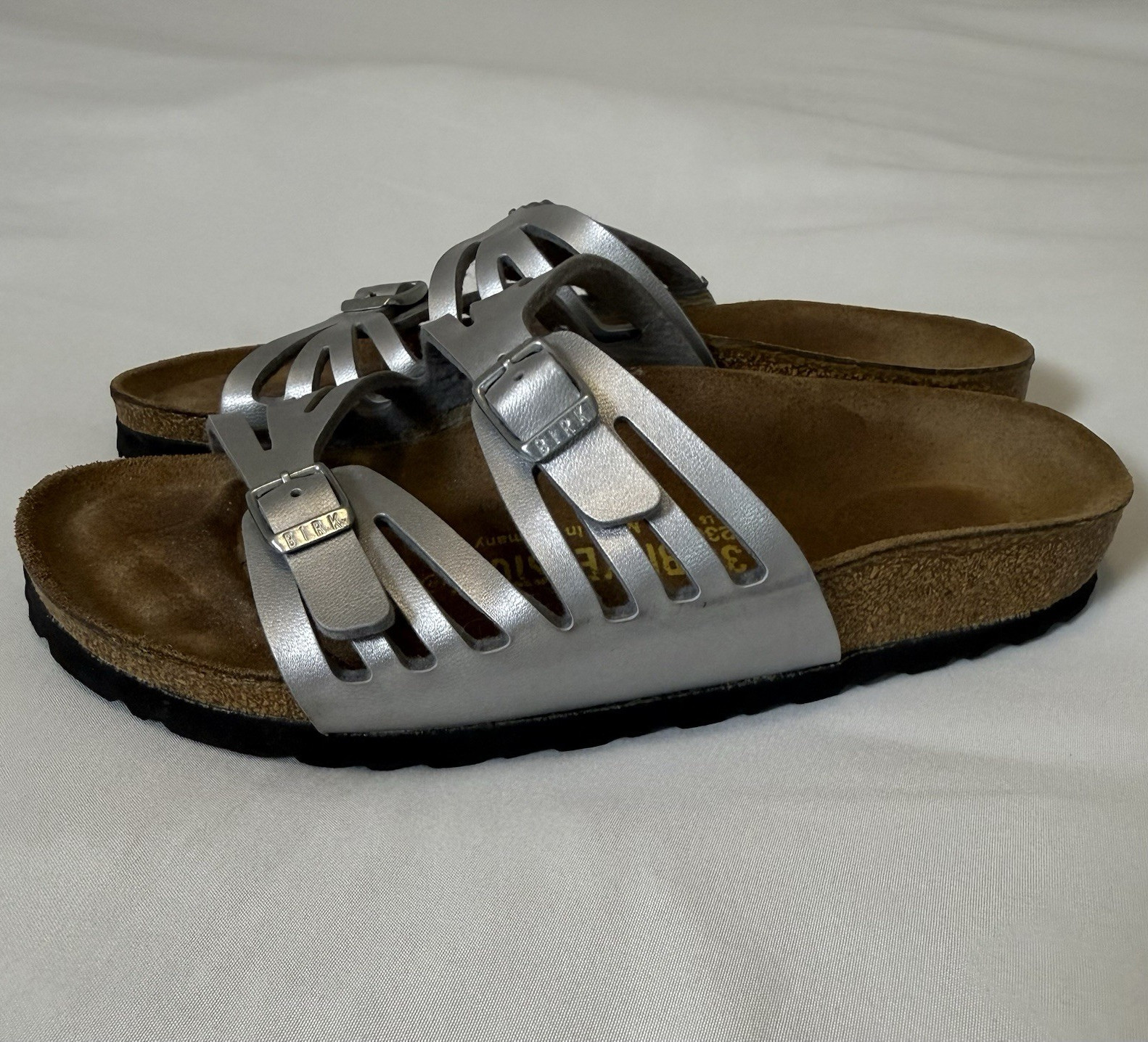 Birkenstock Metallic Silver Two-Strap Slide Sandal Women EU 36 US 5 *Run Large*