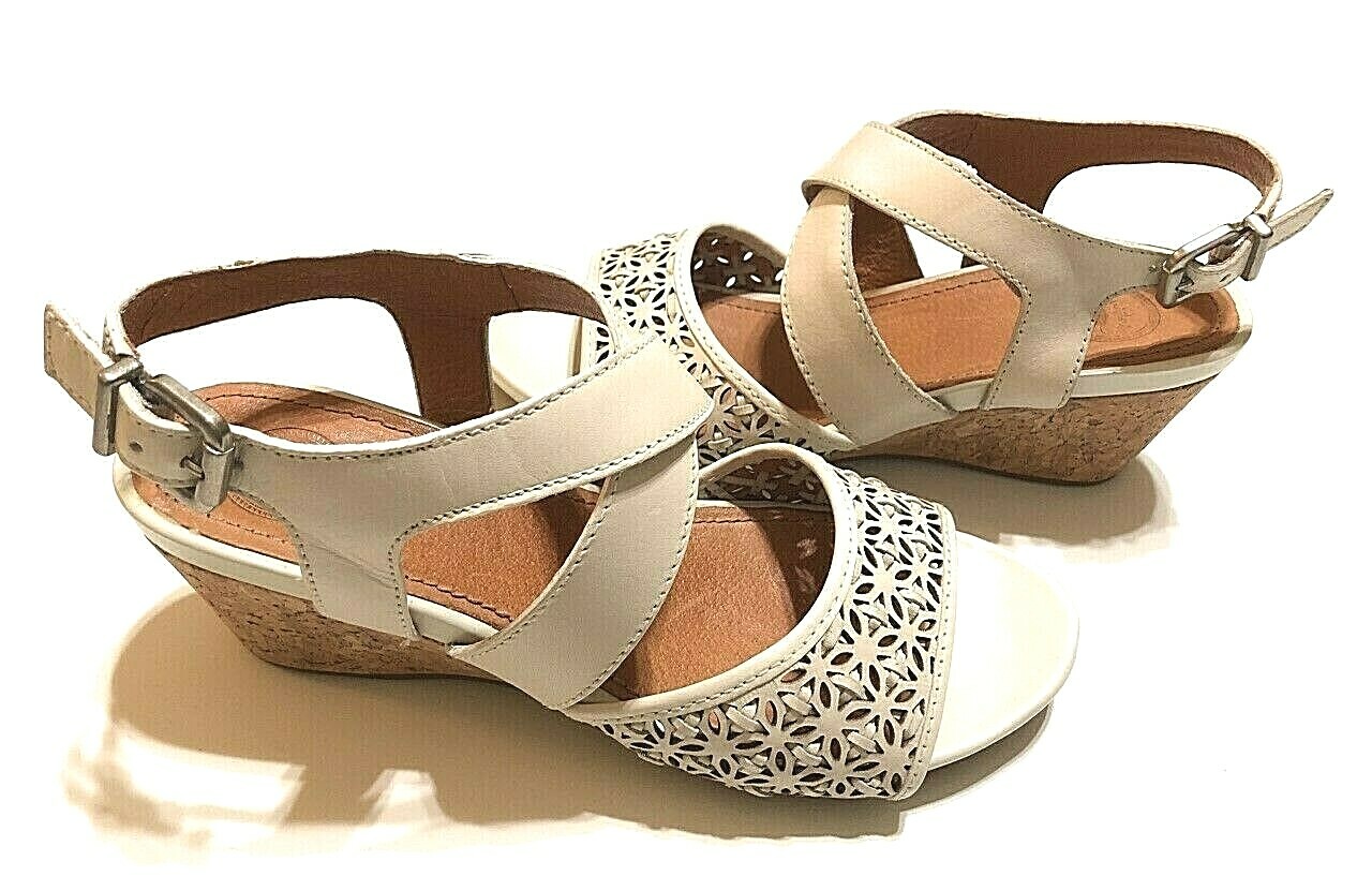 New Nurture Harrpper Cork Wedge Leather Sandal Shoes Rice Color Size 8